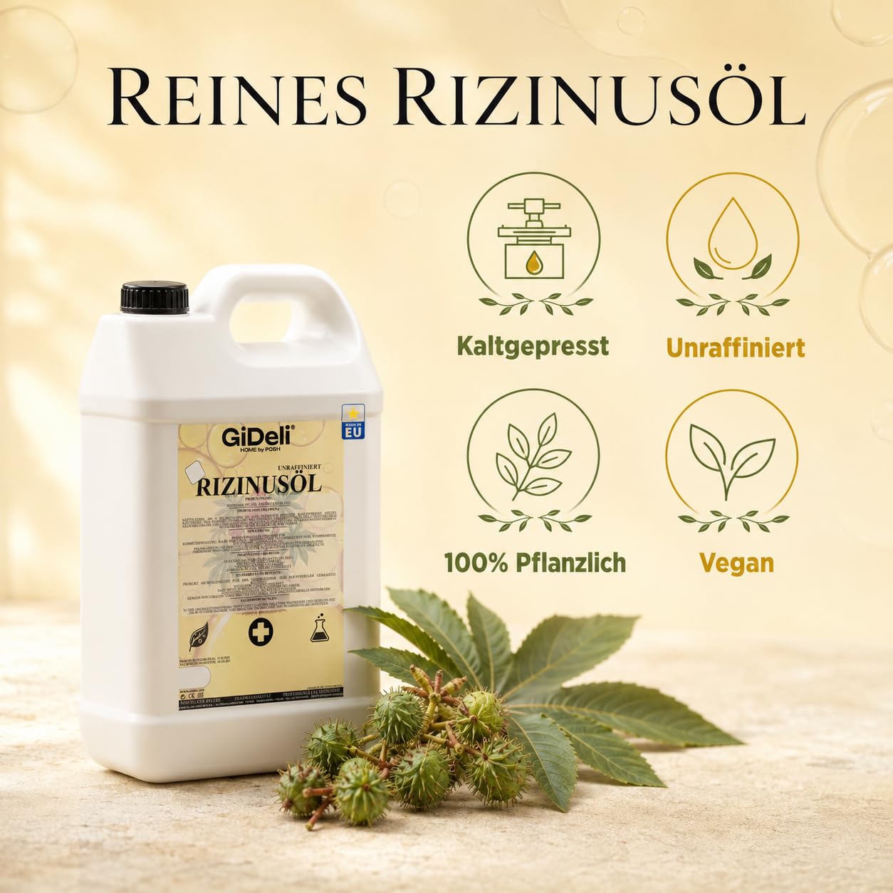 GiDeli Aceite de ricino prensado en frío, 2 x 5 l, puro aceite de ricino en Ph. Eur. Calidad para cabello, pestañas y piel – Aceite de cuidado sin refinar como base para cosméticos naturales DIY – Sin