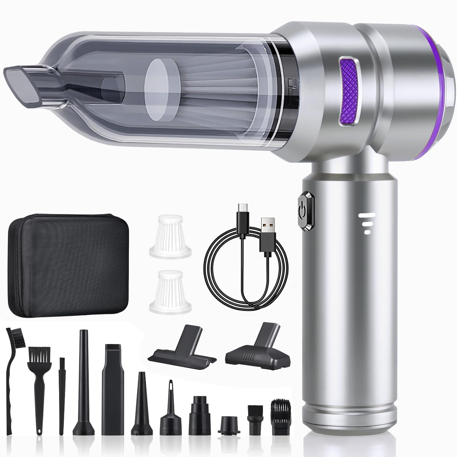 Aspirateur Voiture Puissant sans Fil, 28000 PA 4 en 1 Mini Aspirateur a Main avec Moteur Brushless 3 Niveaux Réglables Idéal pour Voiture Maison Bureau Les Soins des Animaux