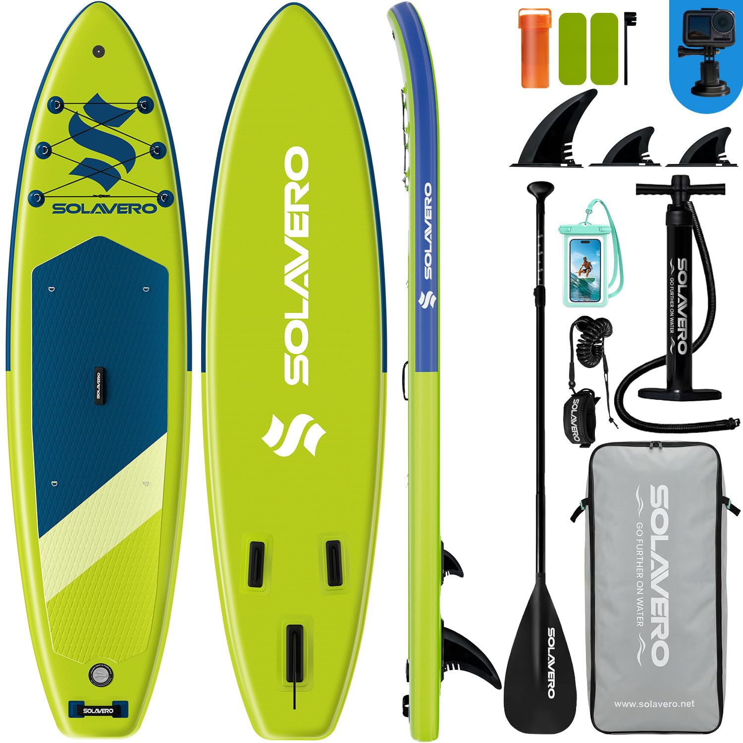 SOLAVERO Paddle Gonflable Adulte 323 x 83 x 15 cm Stand Up Paddle avec Pont EVA Antidérapant, Pagaie Réglable, 3 Aileron, Jusqu'à 200 kg