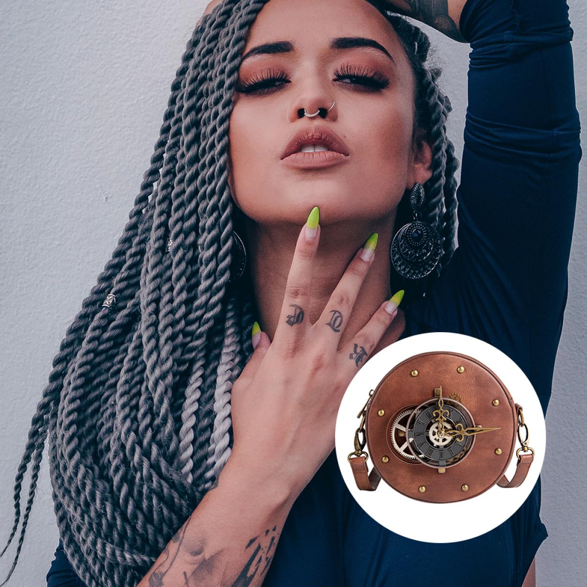 Veemoon Bolso de Hombro Mujer Estilo Steampunk Vintage Redondo, Piel Pu Negra, Bolsa de Almacenamiento Práctica para Uso Diario y Outfits Punk, Diseño Compacto y Moderno