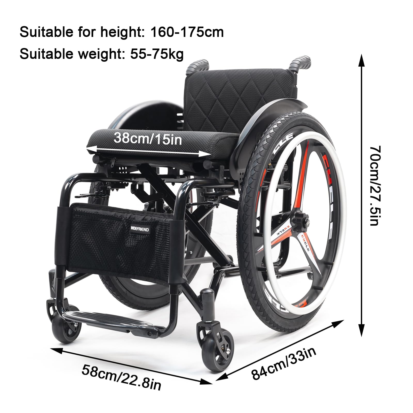 Silla de ruedas deportiva, plegable, ultraligera, manual, de aleación de aluminio autopropulsada, portátil, con frenos de mano y ruedas traseras de liberación rápida