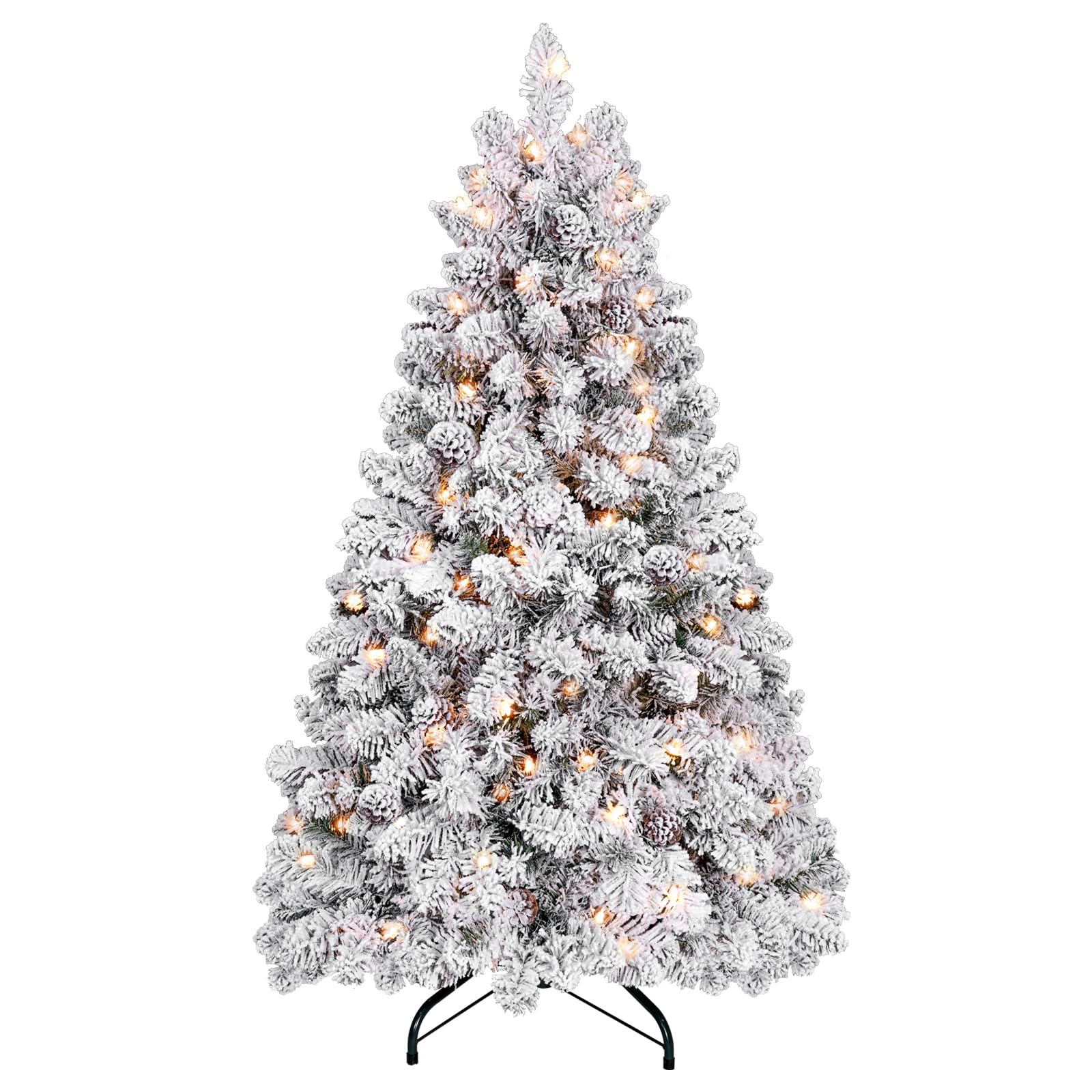 4 ft Prelit Flocked Christmas Tree, Mini Fake Christmas Tree with Pine Cones & 150 UL Lights, Snow Frosted Artificial Christmas Tree with Lights, Auto Hinged Xmas Tree for Holiday Decor