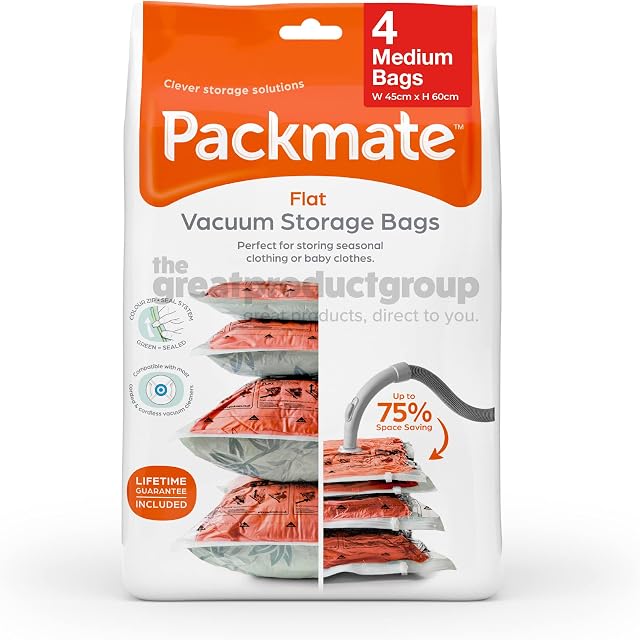 Packmate - 4 Medium 60 x 45cm Flat Vacuum Storage Bags Ð Ideal for Storing Baby Clothes, Pillows, Blankets, Towels and Much More