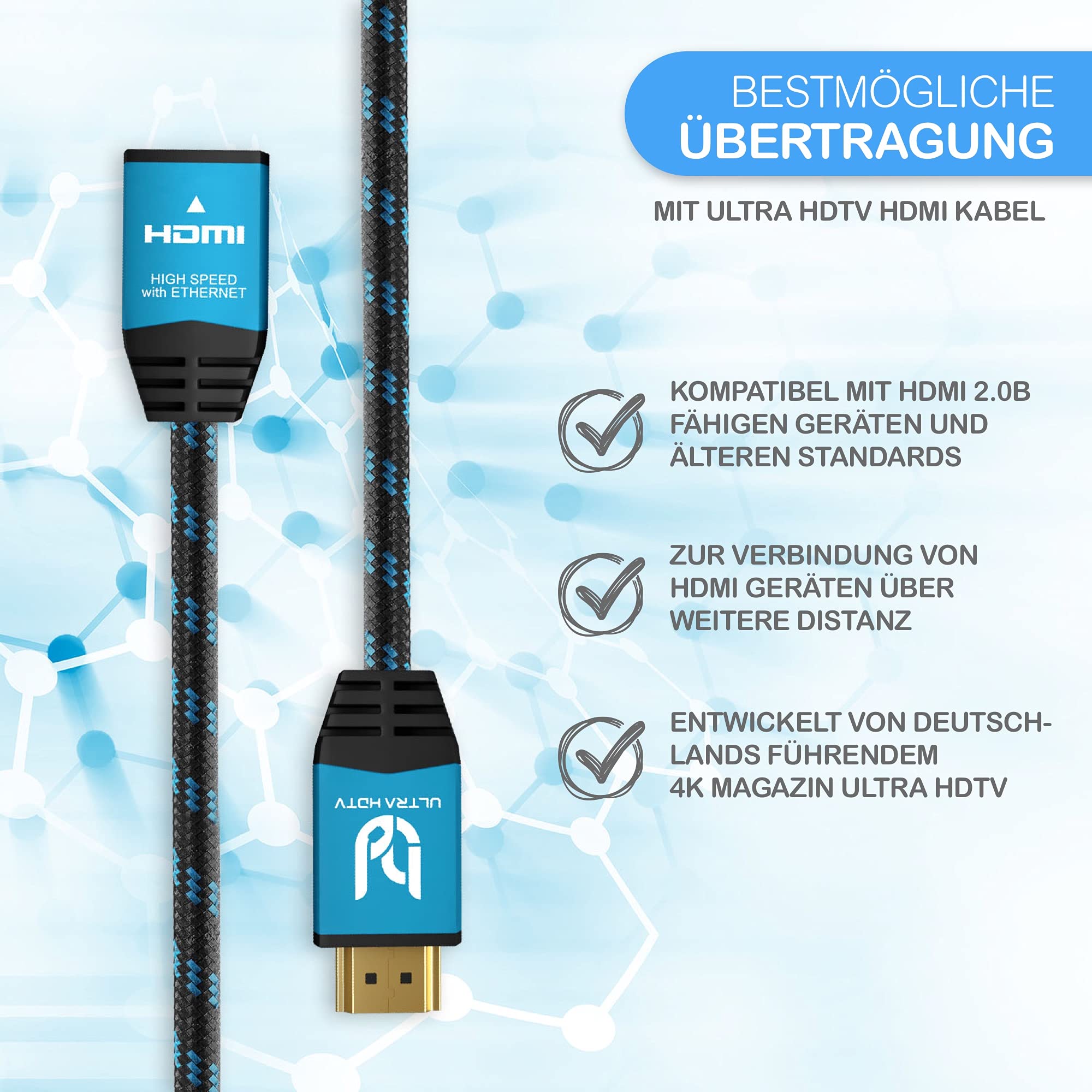 Przedłużacz Ultra HDTV 4K HDMI - 2m Przedłużacz kabla High Speed - 18 GBit/s - 4K@60Hz (bez szarpnięć) - rozdzielczość do 4096x2160 - ochrona przed zgięciem