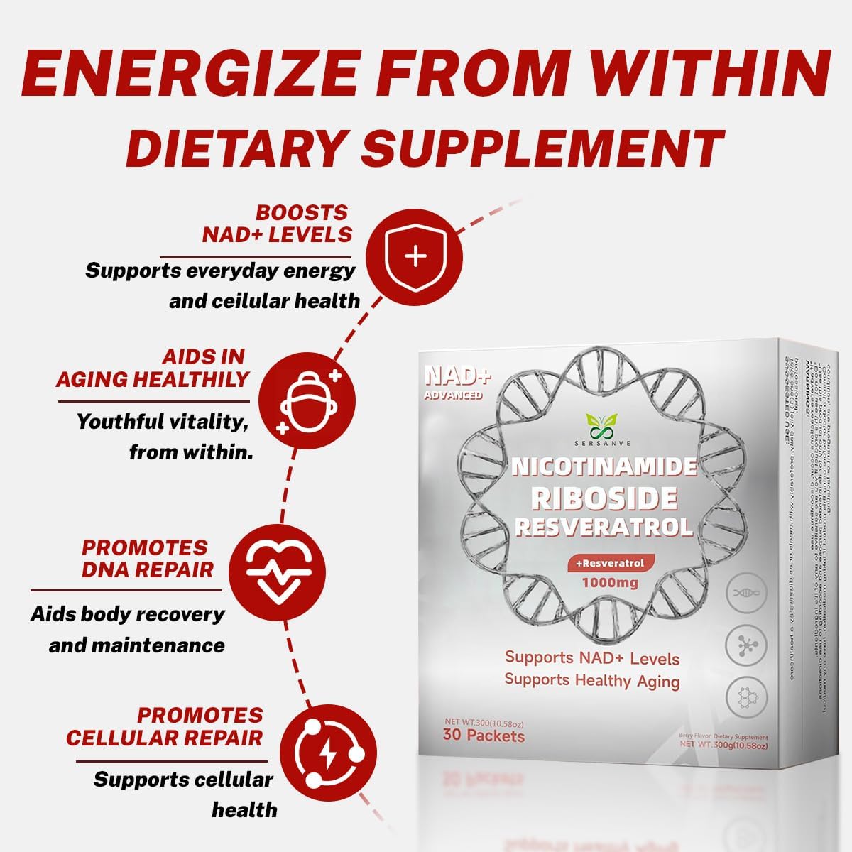 1000mg Liquid Supplement with Nicotinamide Riboside & Resveratrol | Advanced Formula Support for Boosts Cellular Energy, Metabolism & Healthy Aging, 30 Packets - Image 3