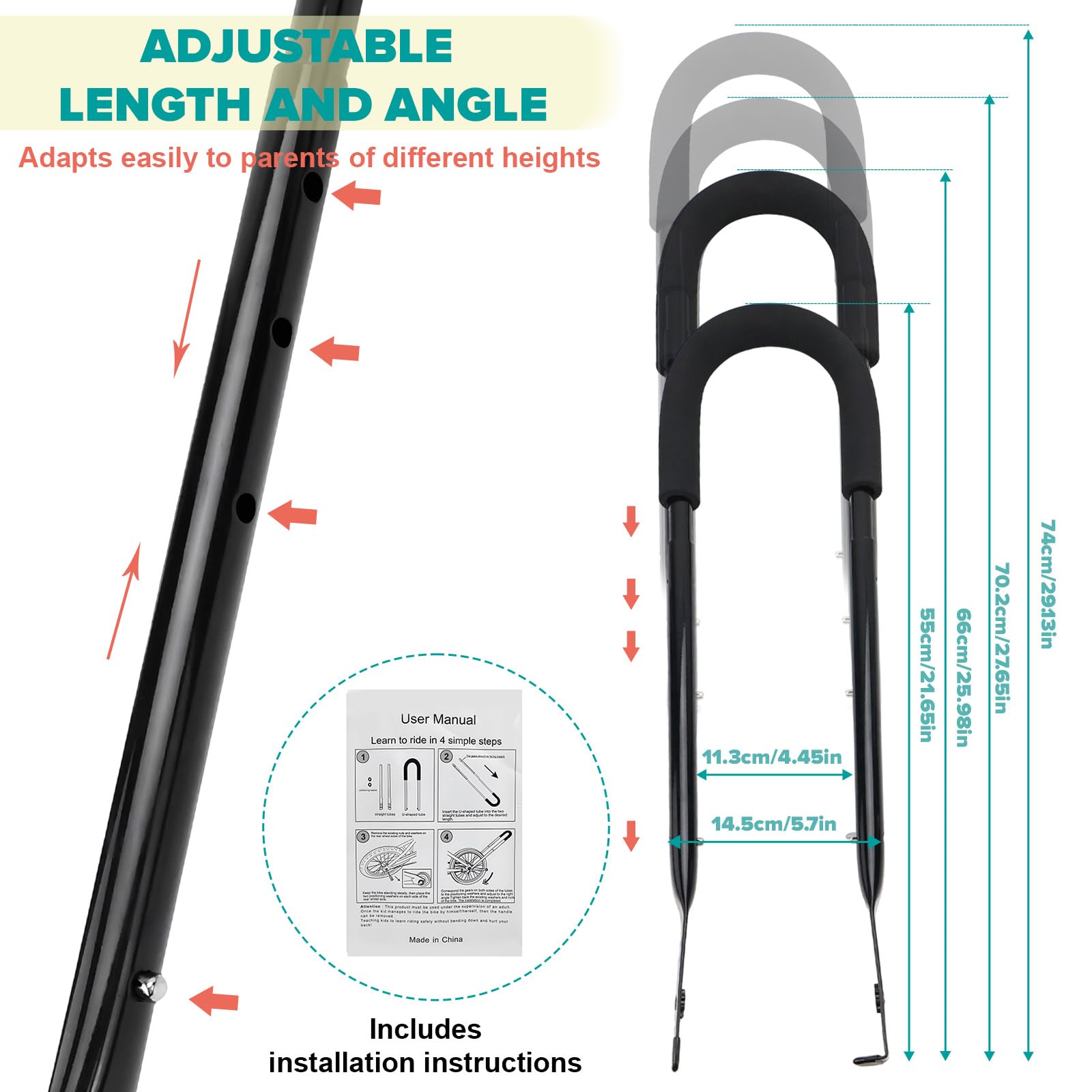 CHRI Barra de bicicleta para bicicleta infantil, ayuda de aprendizaje, barra de empuje universal, longitud ajustable, 21-29 pulgadas, para bicicletas y ruedas, mango cómodo, sin necesidad de agacharse