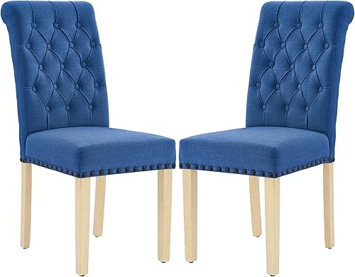 Miniatura 17 de LOULENS Juego de 2 sillas de comedor de tela, modernas sillas Parson tapizadas de lino con ribete de cabezas de clavos, botones acolchados, patas de