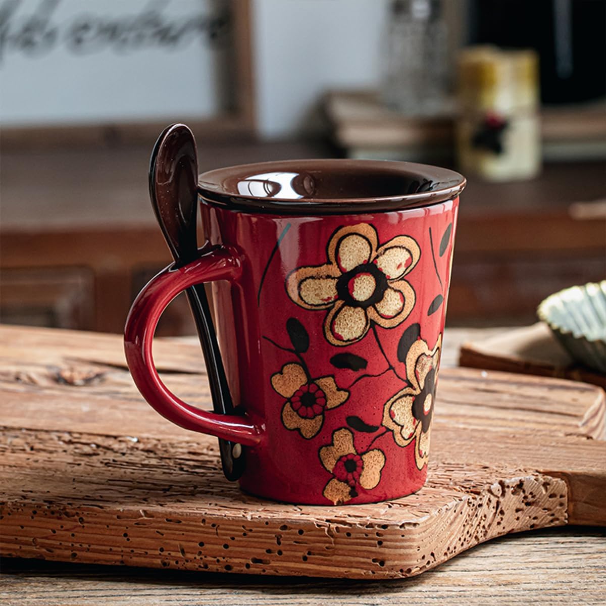 12 oz Ceramic Coffee Mug with Lid and Spoon (Red) image 2