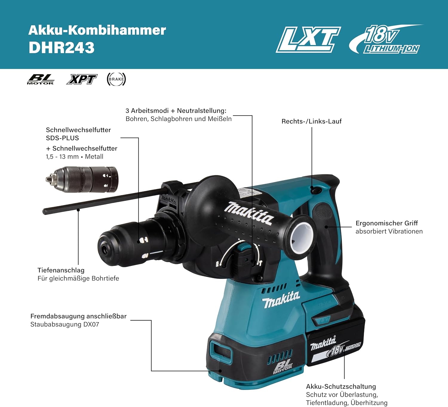 Makita - DHR243Z SDS+ Rotary Hammer 24mm 18 Volt Bare Unit