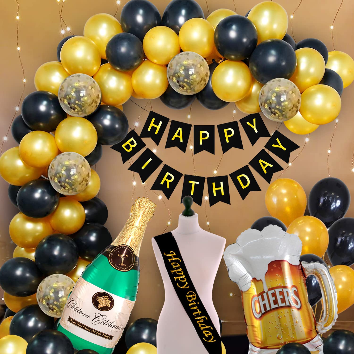 Party Propz Birthday Decoration Items for Girl - Pack of 52 Pcs | Black and Gold Balloons for Birthday Decoration | Happy Birthday Banner (Cardstock) | Birthday Decoration Items for Wife