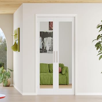 French Doors, 36" x 80", 1-Lite Mirror Tempered Glass French Doors Interior, Solid MDF Core French Door, T-Shape Handles, Flush Bolts, Top Bead Guide, Paintable Surface, White