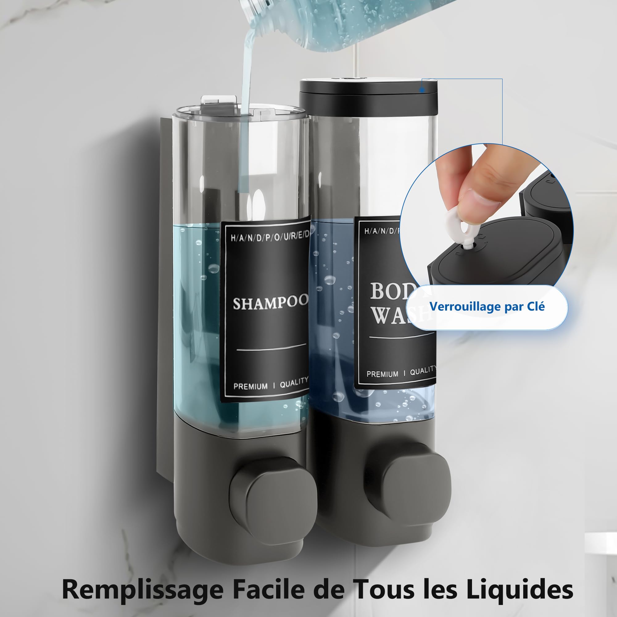 Distributeur de Savon Mural, Distributeur Gel Douche, Distributeur Double de Shampoing et Après-shampoing sans Perçage ABS pour Salle de Bain Cuisine Marché Hôtel Restaurant 300ML*2(Gris)