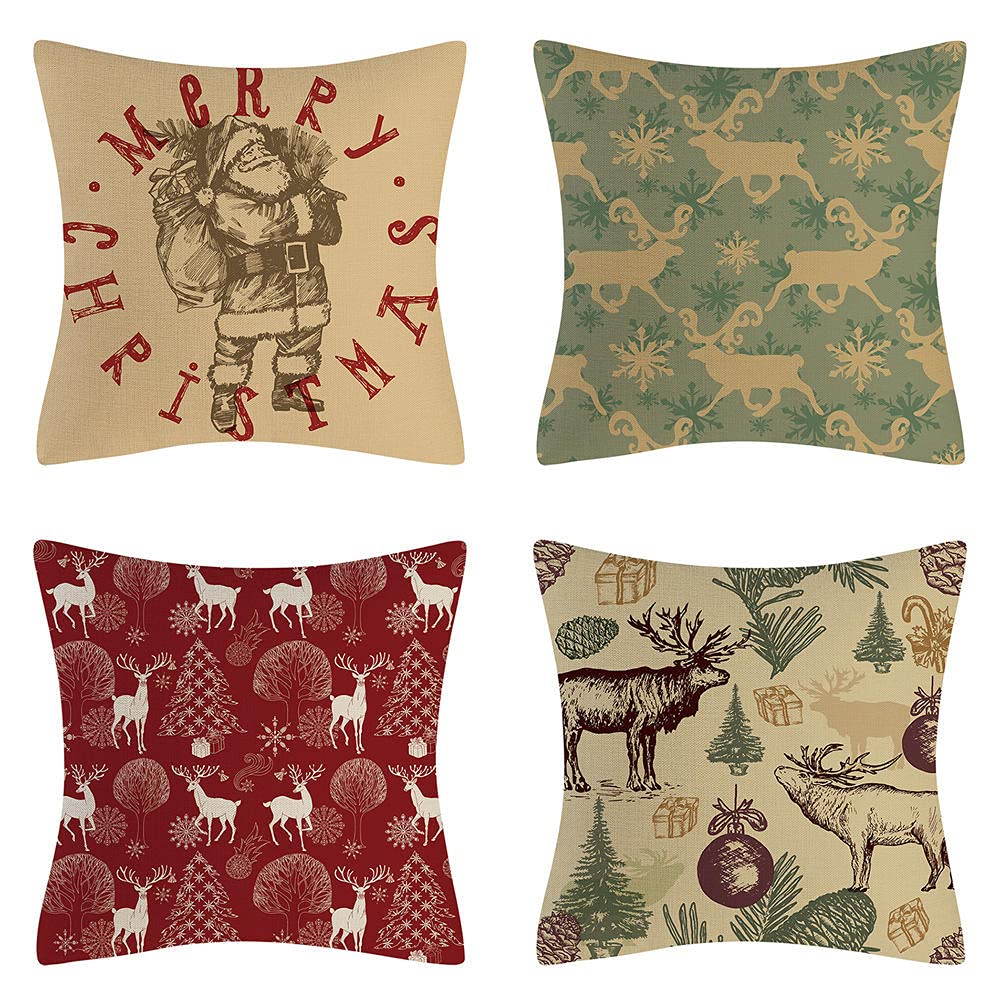 4 Piezas Funda de Almohada 65x65cm Navidad Retro Fundas de Cojín Terciopelo Sencillo y Decorativo para Sofá Camas Dormitorio Coche Lino Cojines Throw Pillow Covers （26x26in）