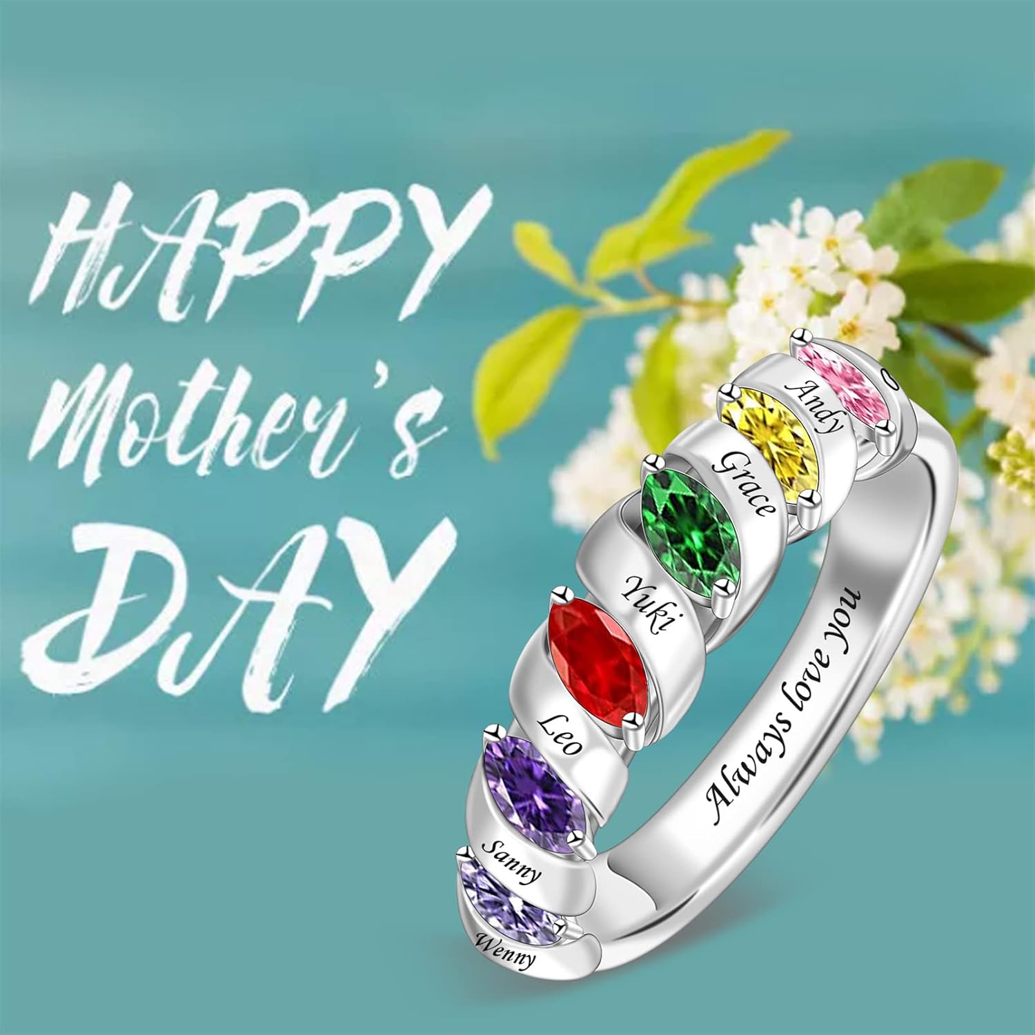 925 Mother Rings with Birthstone Custom Marquise Shaped Birthstone Ring Personalized Family Ring with Names & Birthstone Christmas Day Mothers Day Ring