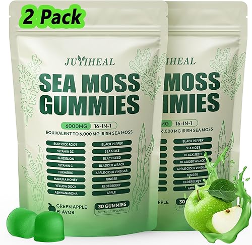 Gomitas de musgo marino 16 en 1 con aceite de semilla negra de Ashwagandha, cúrcuma, vitamina C y D3 con raíz de bardana de manuka, gomitas de musgo
