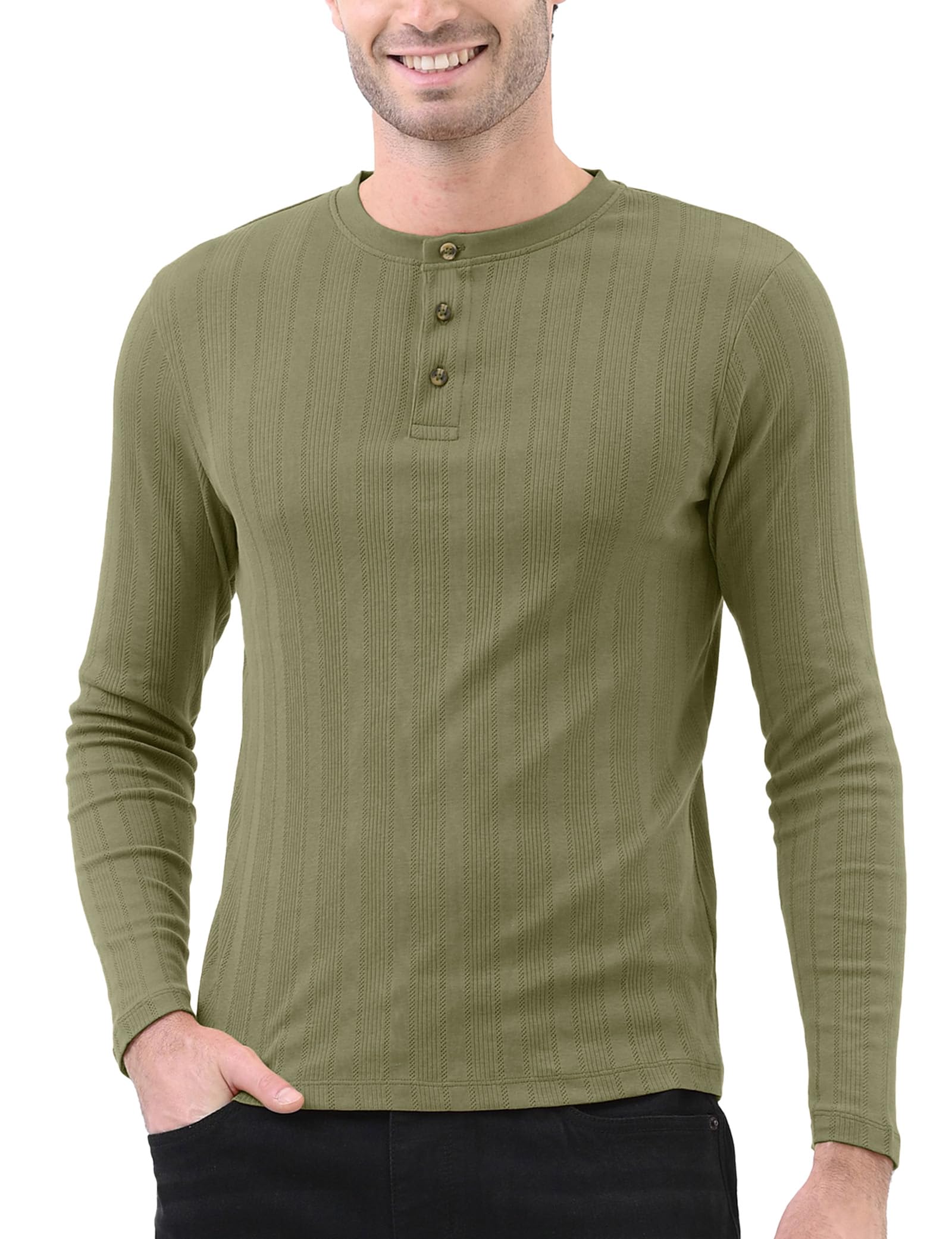 Enorsia Men's Green Ribbed Long Sleeve Henley T-Shirt - Size L