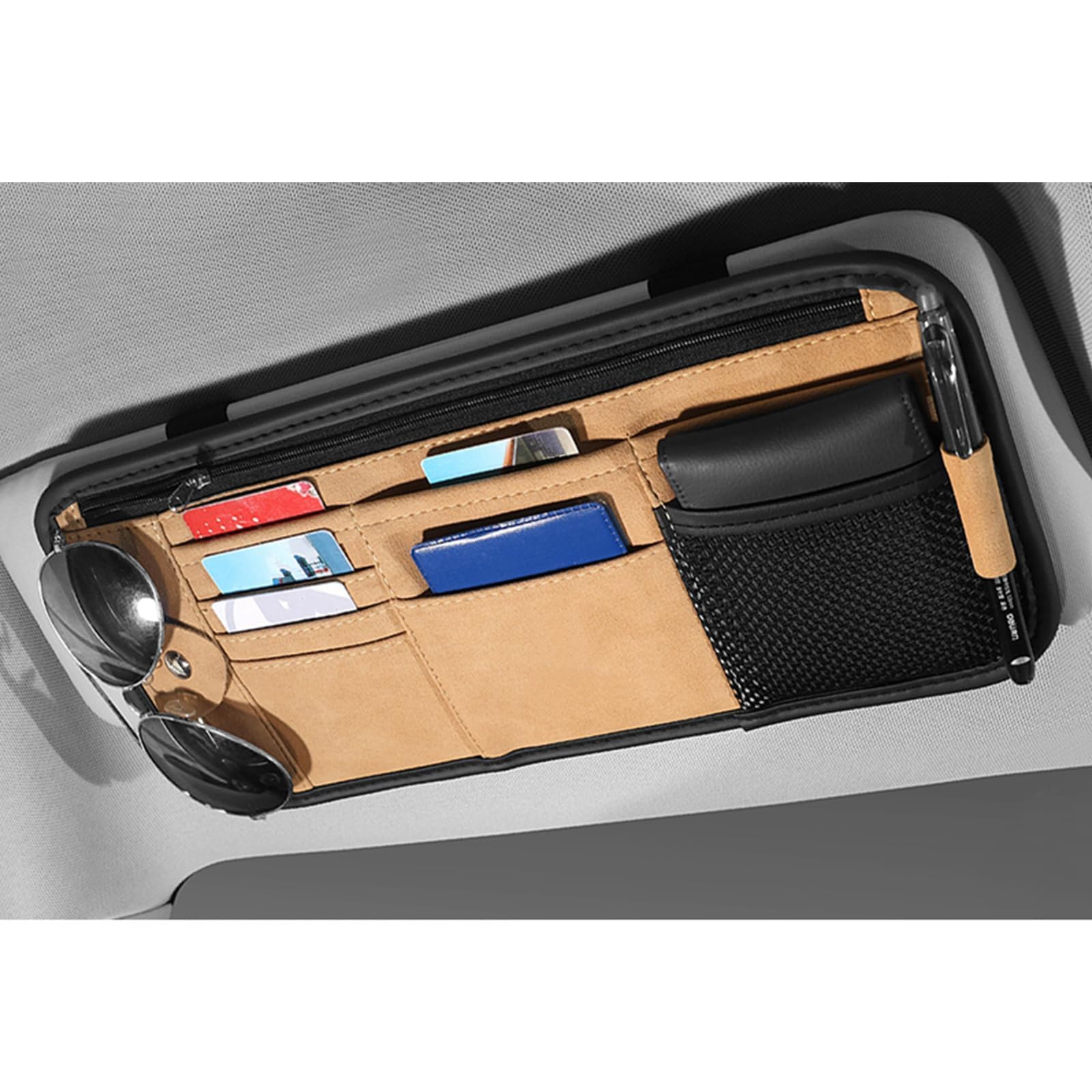 YNDLHXC Car Sun Visor Organiser for Audi SQ2 SQ5 SQ6 e-tron SQ7 SQ8 SQ8 e-tron, Pocket Storage Bag Zipper Pouch Cards Wallet Sunglasses Holder Clip,normal-Beige