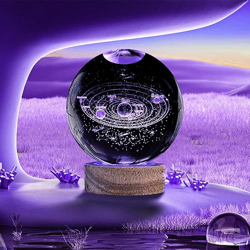 Miniatura 5 de Luz nocturna de bola de cristal del sistema solar 3D de 3.15 pulgadas, lámpara de bola de vidrio con 16 colores cambiantes de base de madera y