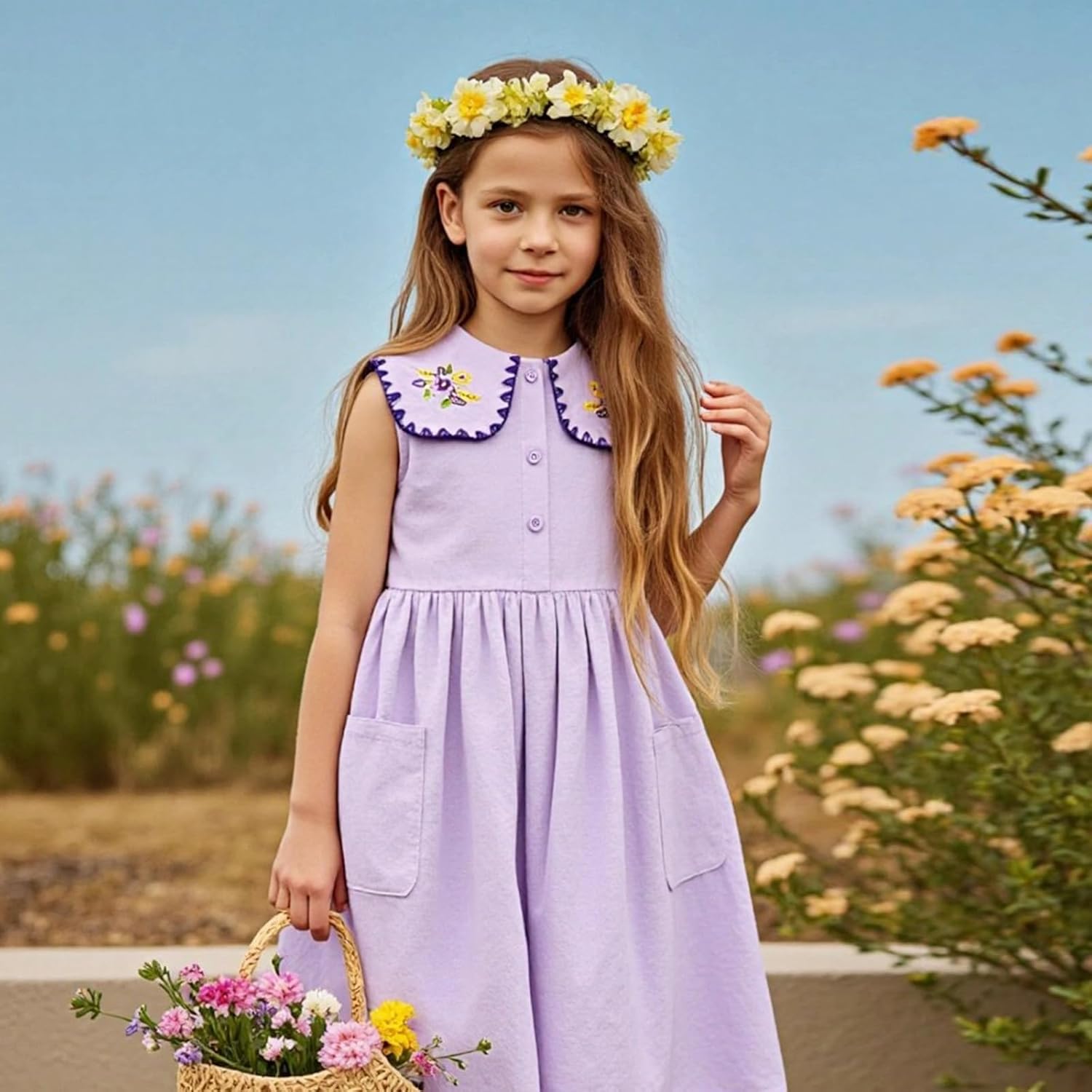 Little Bitty Girls Cotton Embroidered Peter Pan Collar Sleeveless Summer Party Birthday Sunshine A line Dress 2-6 Years - Image 5