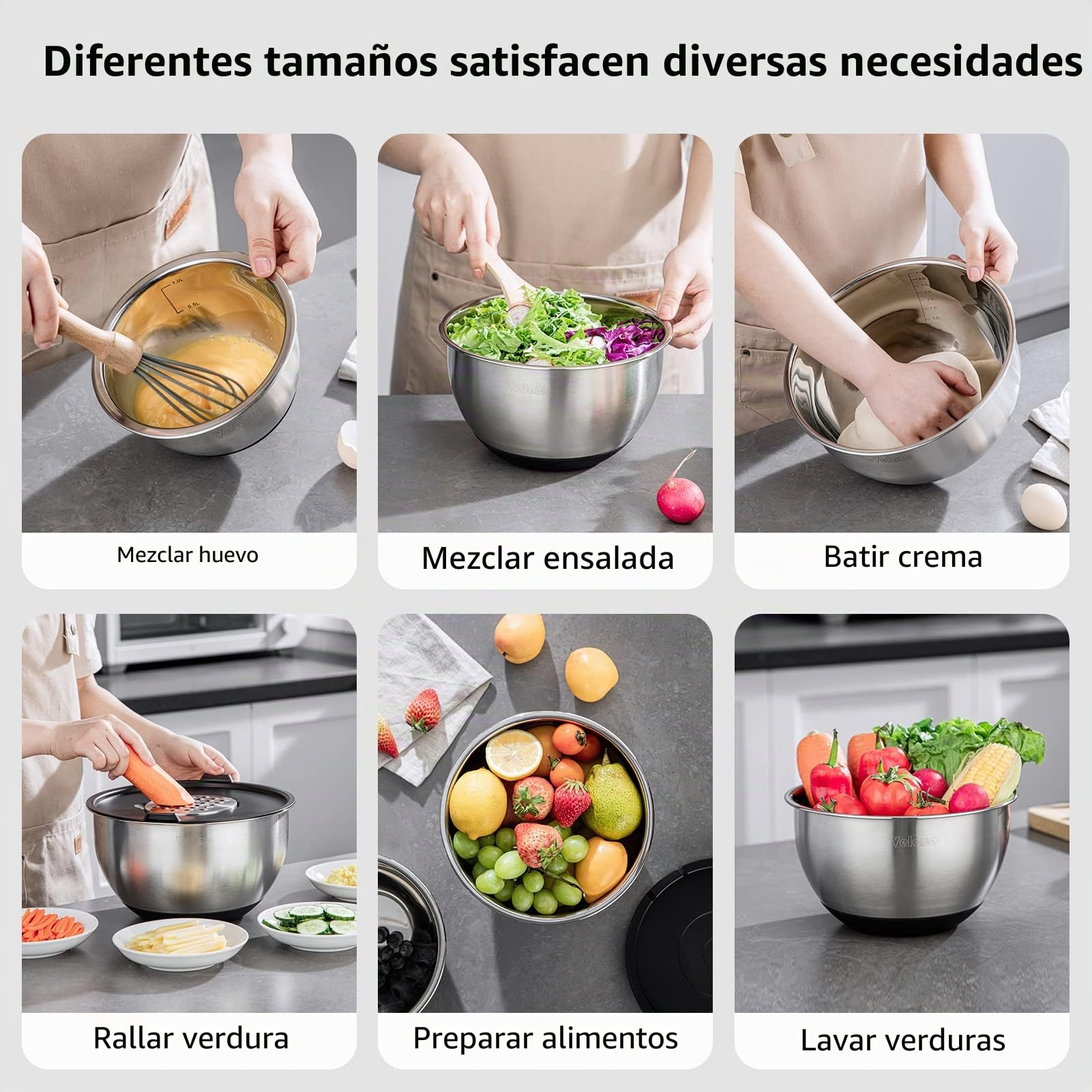 Velaze Juego de cuencos de acero inoxidable, 5 unidades, ensaladera con tapa, cuenco para mezclar con 3 ralladores, base de silicona antideslizante, 5 l, 3 l, 2 l, 1,5 l, 1 l, diferentes tamaños para