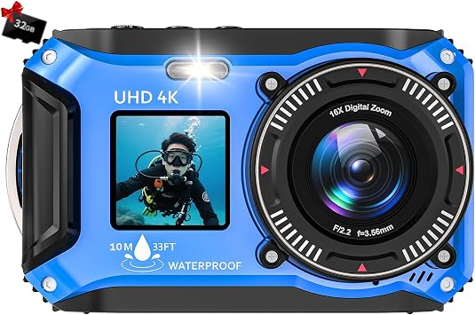 Underwater Camera, 4K Recording, 64MP, 10M Waterproof, Digital Camera, Dual Screen, Waterproof Camera, Selfie, Auto Focus, 16x Digital Zoom, Webcam, Easy Operation, Dustproof, Compact, Buoyancy Body