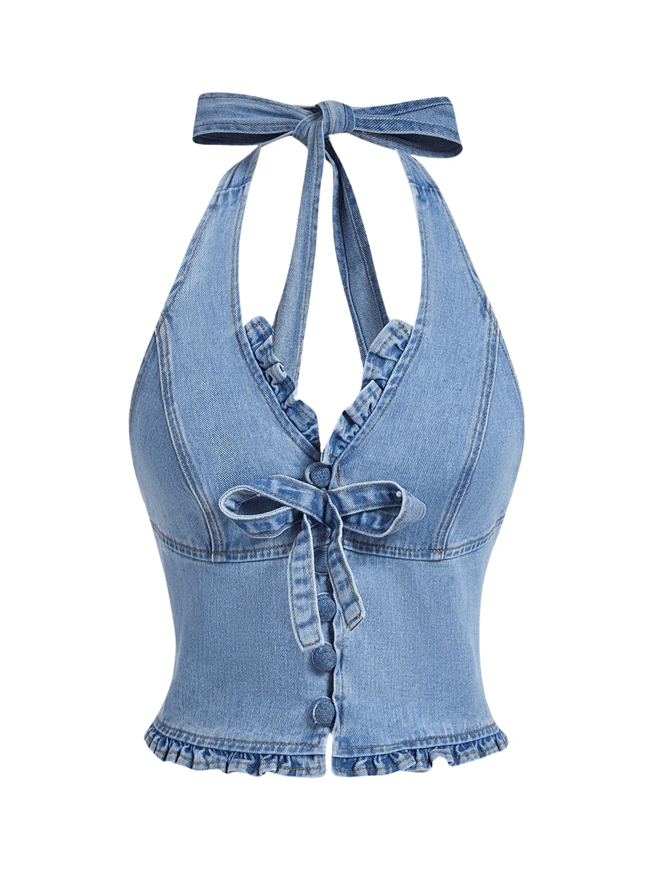 MakeMeChic Womens Shirred Denim Vest Tops Tie Backless Slim Fit Halter Crop Top