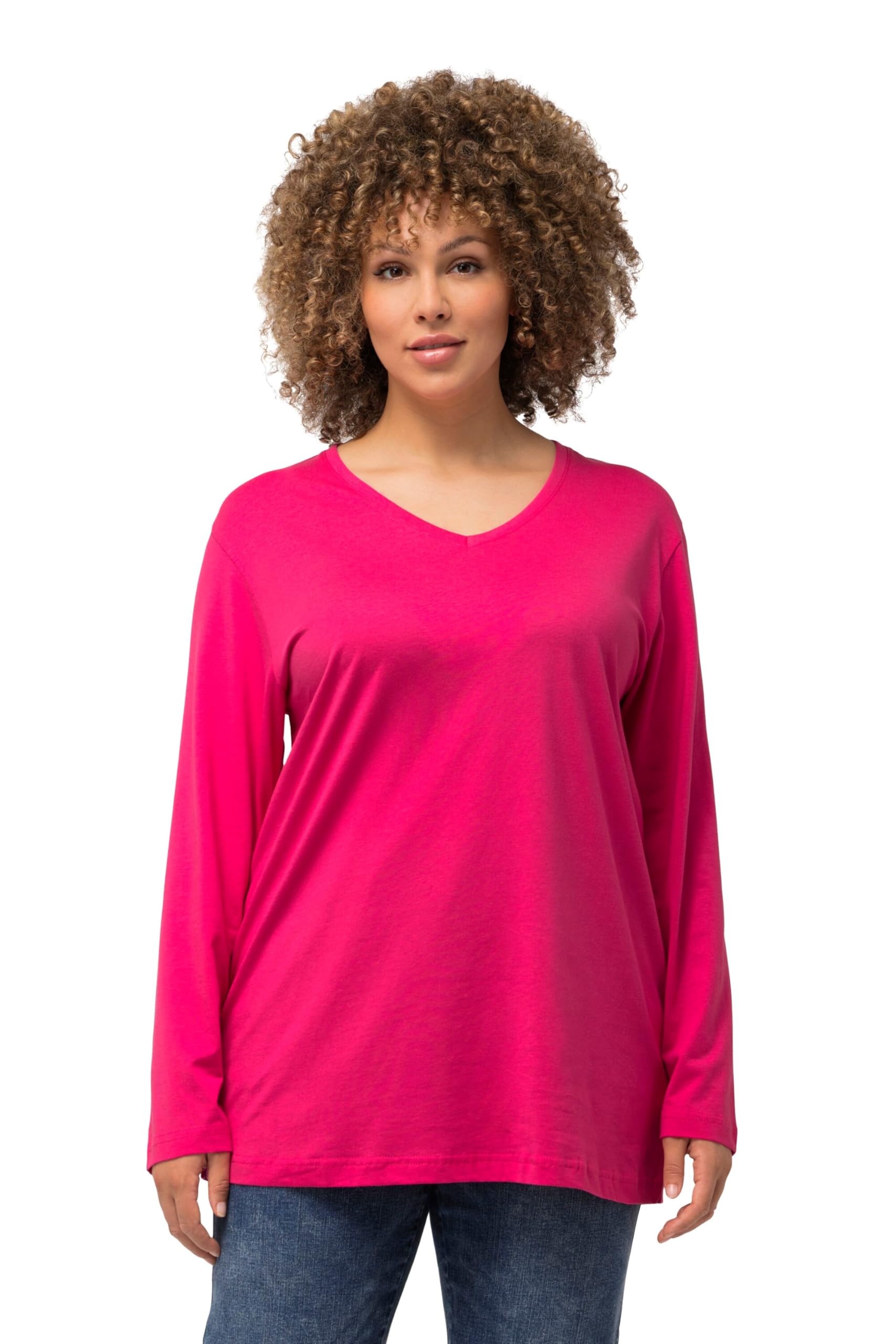 Ulla Popken Basic-V-Shirt, Langarm Long Sleeve Top, Magenta Pink