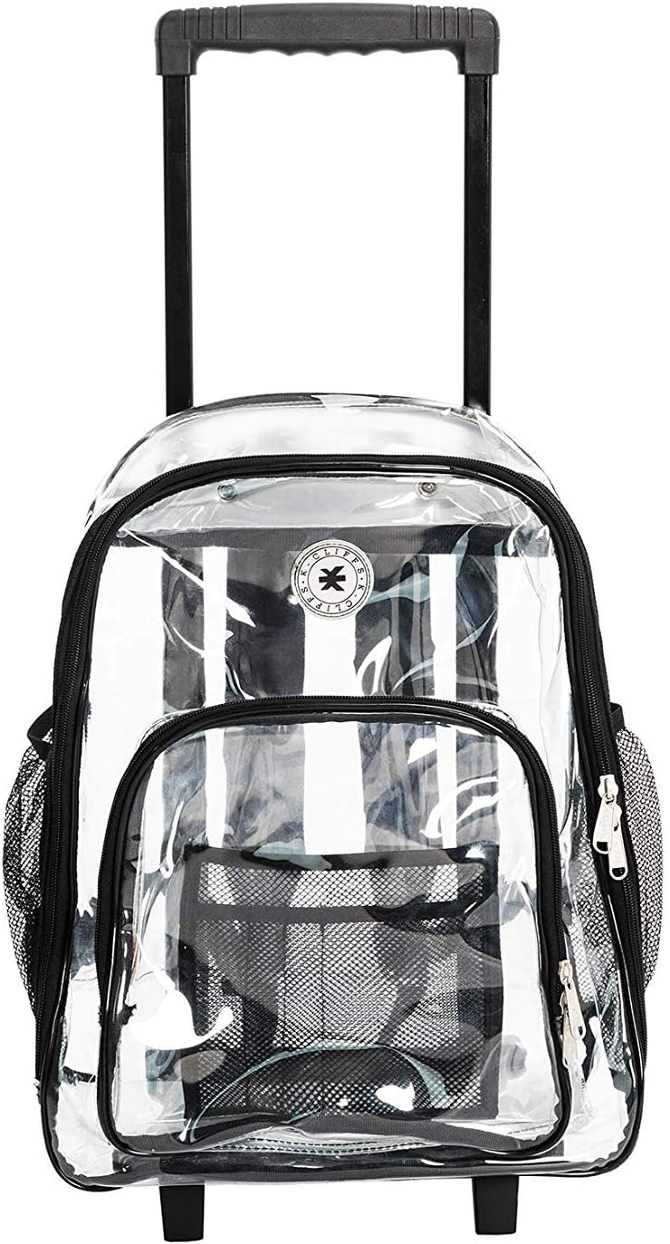 Rolling Clear Backpack Heavy Duty Bookbag Quality See Through Workbag Travel Daypack Transparent School Book Bags with Wheels Black