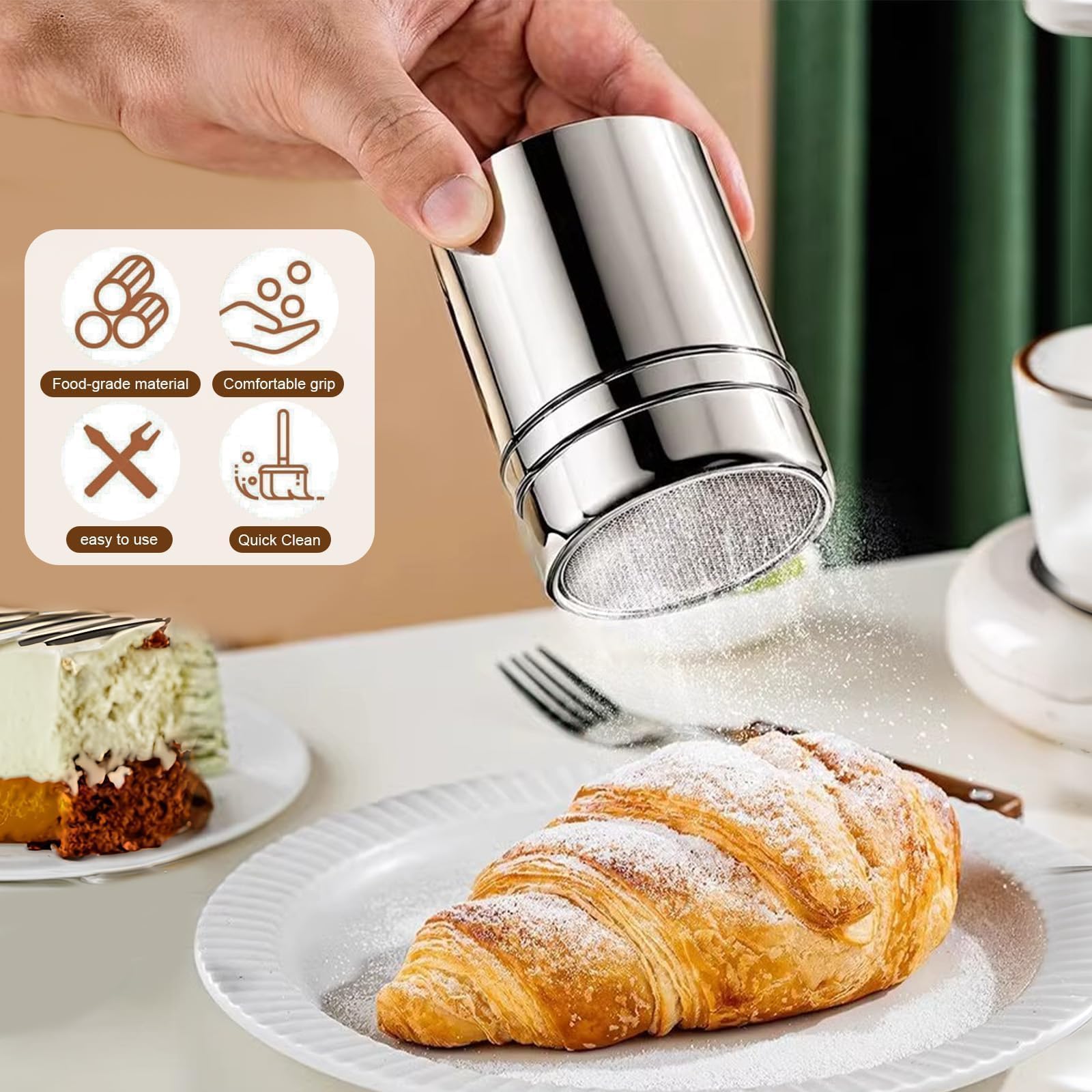 Set di 5 Setaccio Farina in Acciaio Inox Spargi Zucchero a Velo a Una Mano Colino Cucina con Coperchio Setaccio per Farina con 16 Coffee Stencils per Cacao, Spezie, Cioccolato, Zucchero