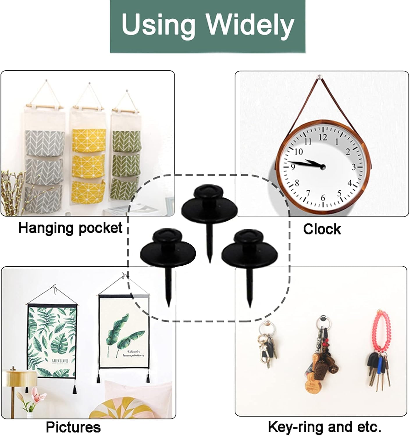 30 PCS Picture Hanger Nails, Thumb Tacks for Wall Hangings Picture, Decorative Small Hook for Drywall Cork Board Photo Decorations (Black)