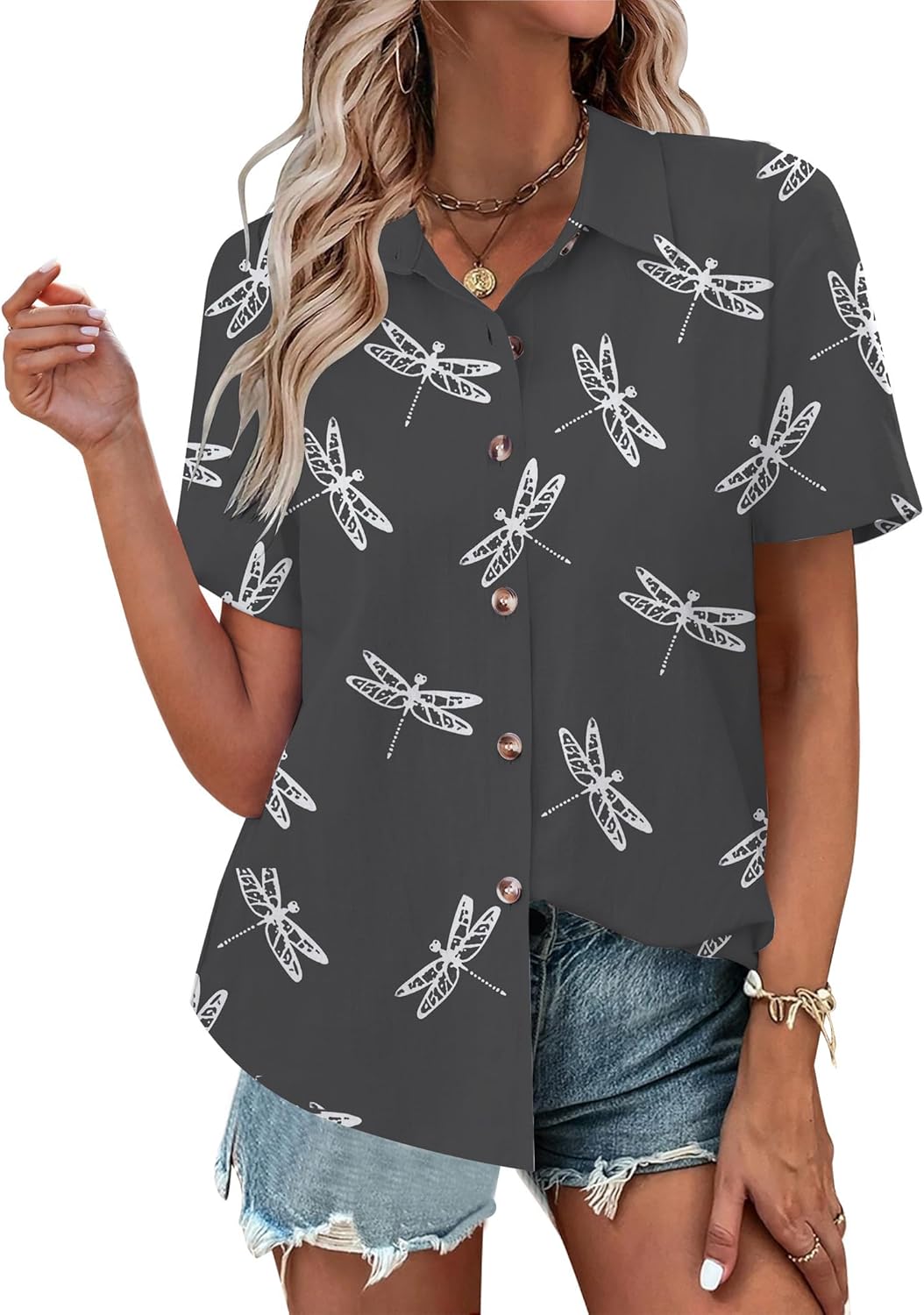 Women Floral Button Down Shirts Casual Short Sleeve Button up V Neck Tunic Shirts Tops Ladies Tops Grey - Image 2