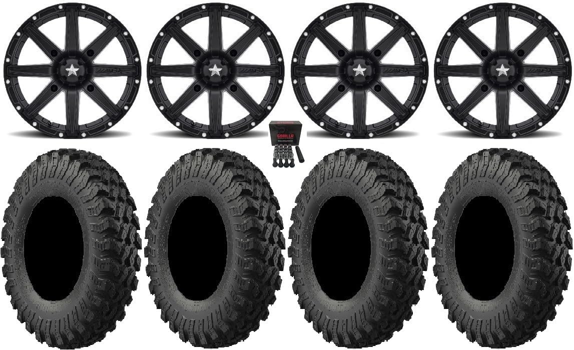 Bundle - 9 Items: MSA Black Clutch 15" ATV Wheels 28" MotoRally Tires [4x137 Bolt Pattern 10mmx1.25 Lug Kit]