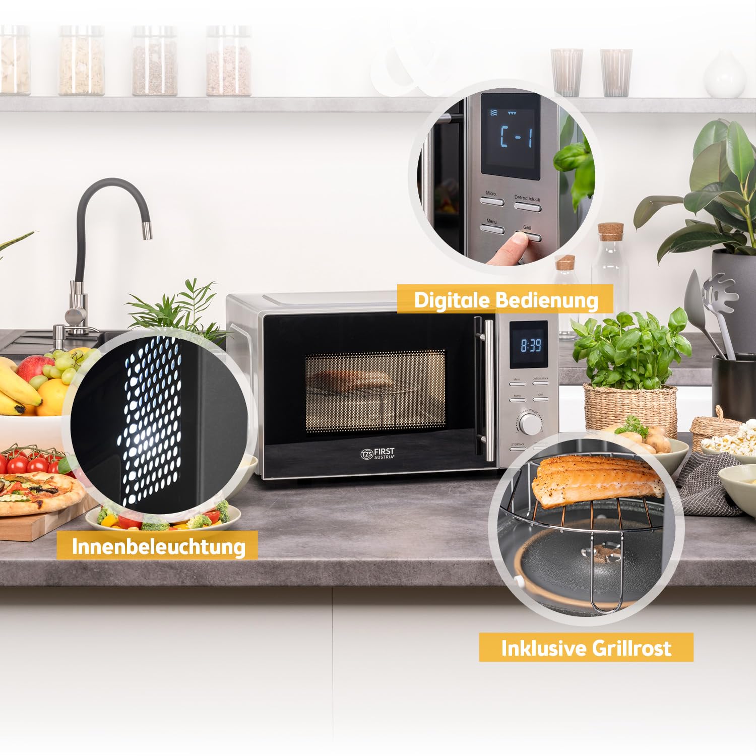 TZS First Austria - Mikrowelle mit Grill - 2-in-1 Mikrowellenofen - 20 Liter - 700 W Mikrowelle & 800 W Grill - Schnellstart - 8 Programme - LCD-Display - Edelstahl