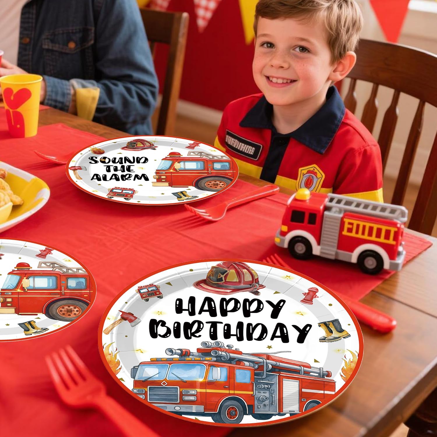 193pcs Firetruck Birthday Decorations Include Fire Truck Plates and Napkins Set, Banner, Hanging, Tablecloth, Balloon, Cupcake Topper, Centerpieces, for Firefighter Party Decorations, Serves 25