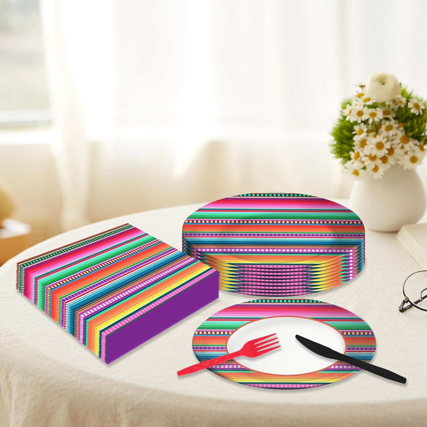 140PCS Mexican Serape Fiesta Plates and Napkins Set, Fit Mexican Themed Paper Dessert Plates, Taco Colorful Stripes Pinata Ponchos Platters Dance Party, Serves 20 Guests - Image 6