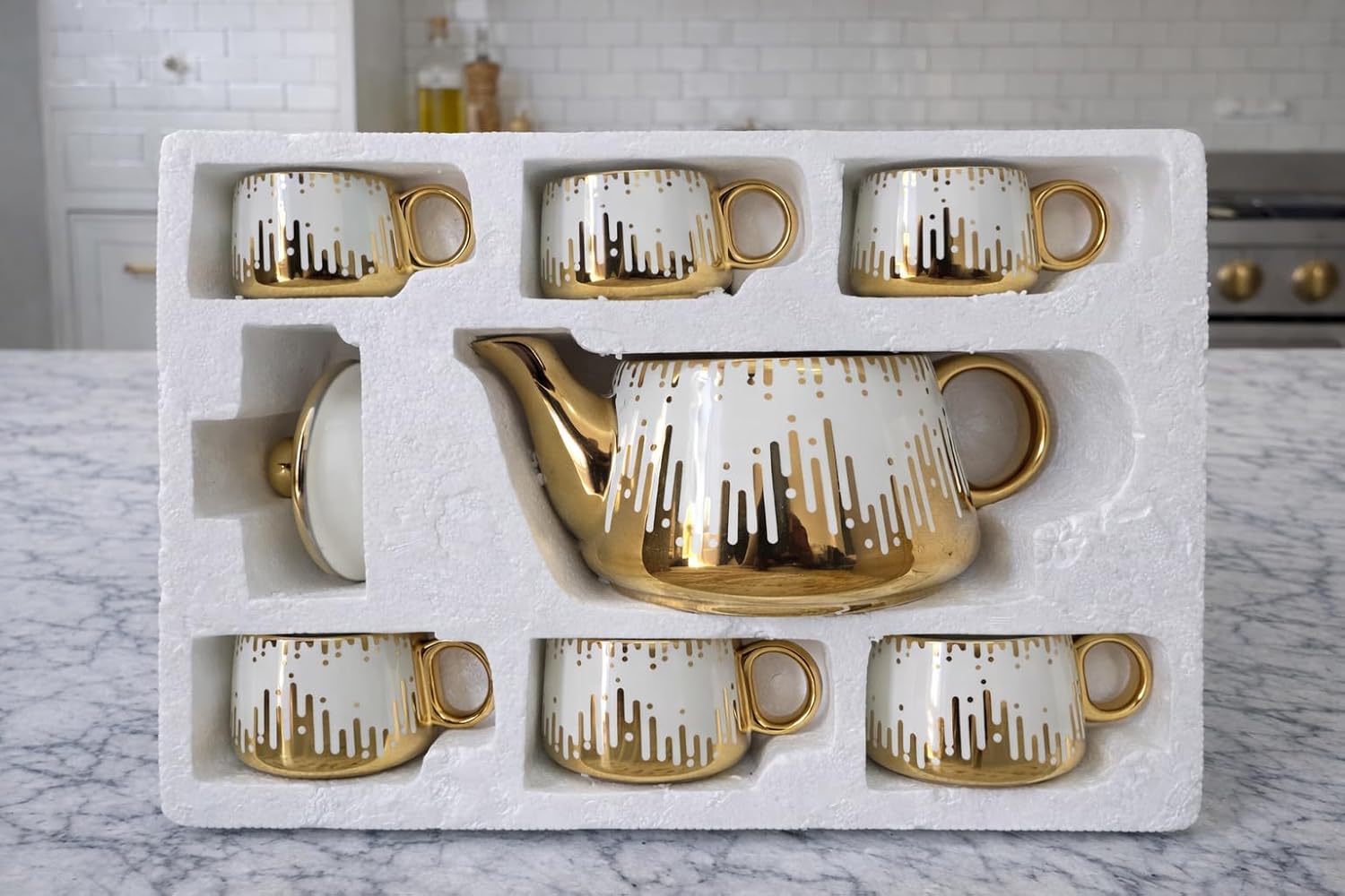 Porcelain Tea Set with 1 Kettle, 6 Piece Tea Cup Set, Aesthetic Classic Teaware Set for Home, Kitchen Decor & Gifting (Gold Drip) cup kettle