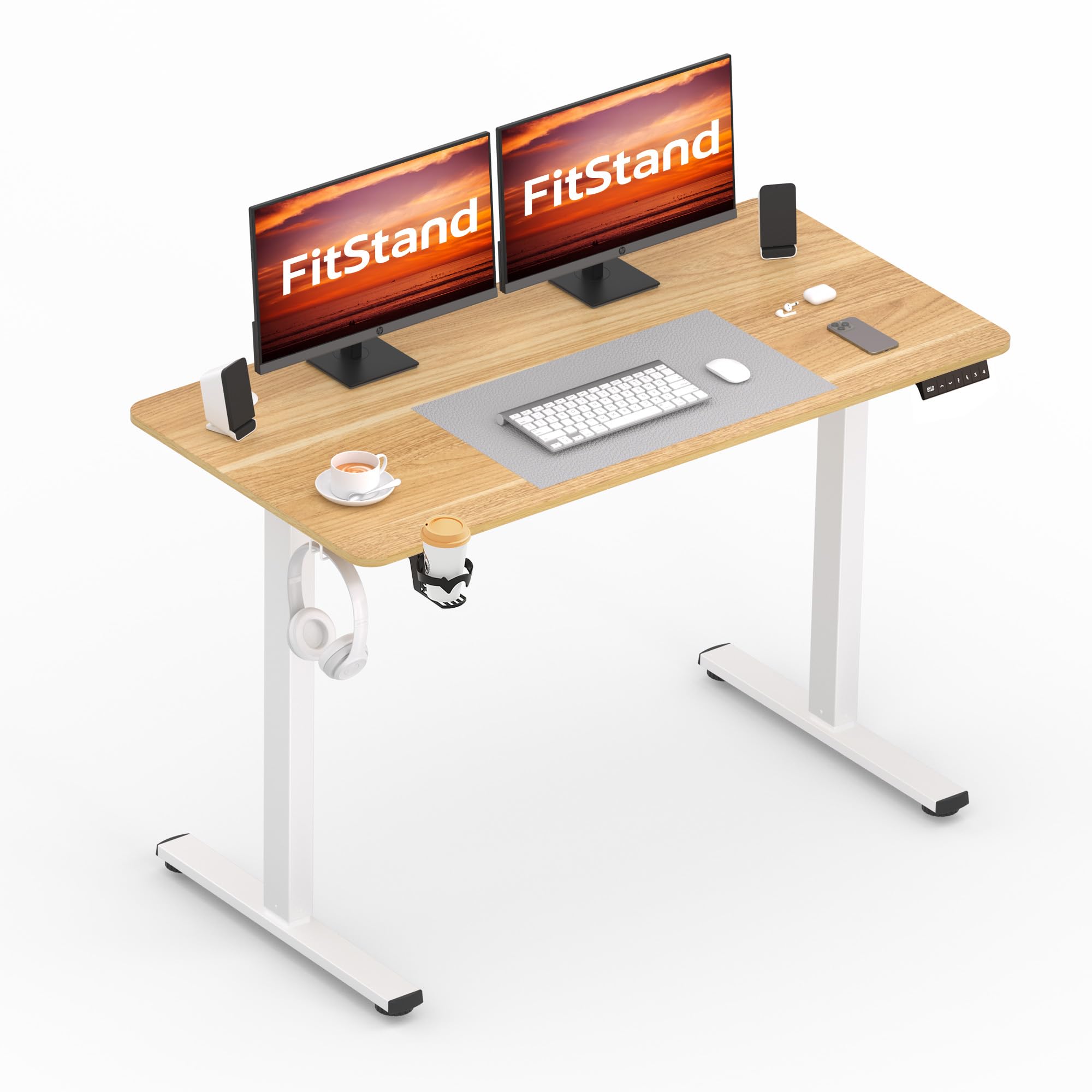 FitStand 110x54cm Electric Standing Desk ONE PIECE Desktop Sit Stand Table Height Adjustable Desk Computer Desk PC Desk With Hooks and Memory Smart Pannel Suitable For Office And Home - Maple