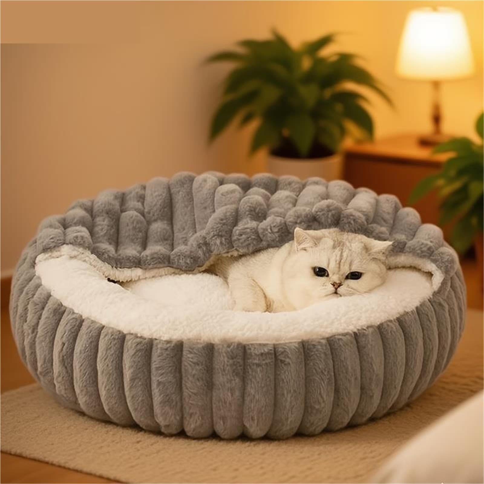 Katzenbett Flauschig Warmes Bett, runde Katzenhöhle mit Kapuze