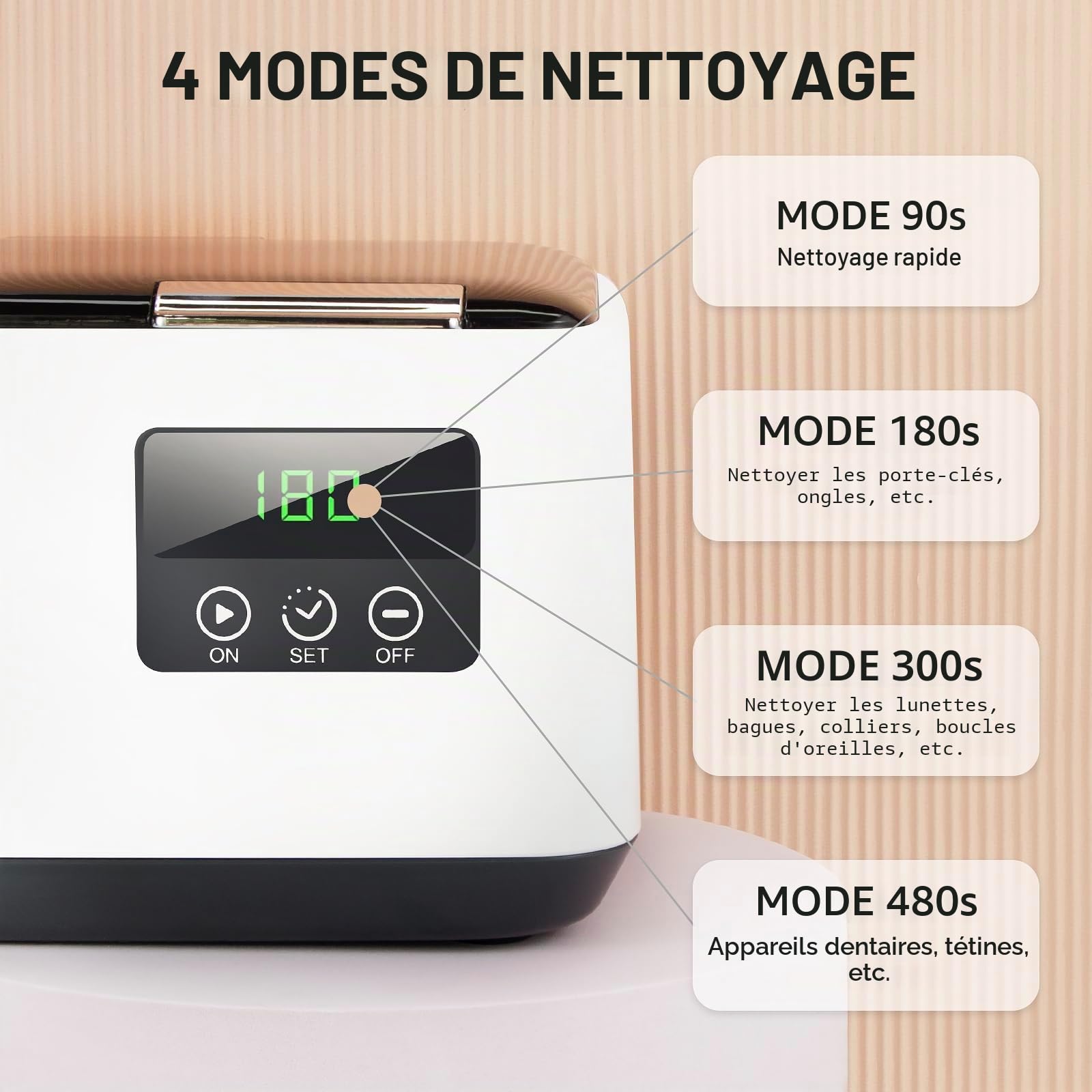 Nettoyeur à Ultrasons 50W, Hogance 48KHz Nettoyeur Ultrasonique 600ML avec 4 Timer Réglages, Machine à Ultrasons pour Prothèses Dentaires, Bagues, Montre, Pièces de Monnaie, Rasoirs
