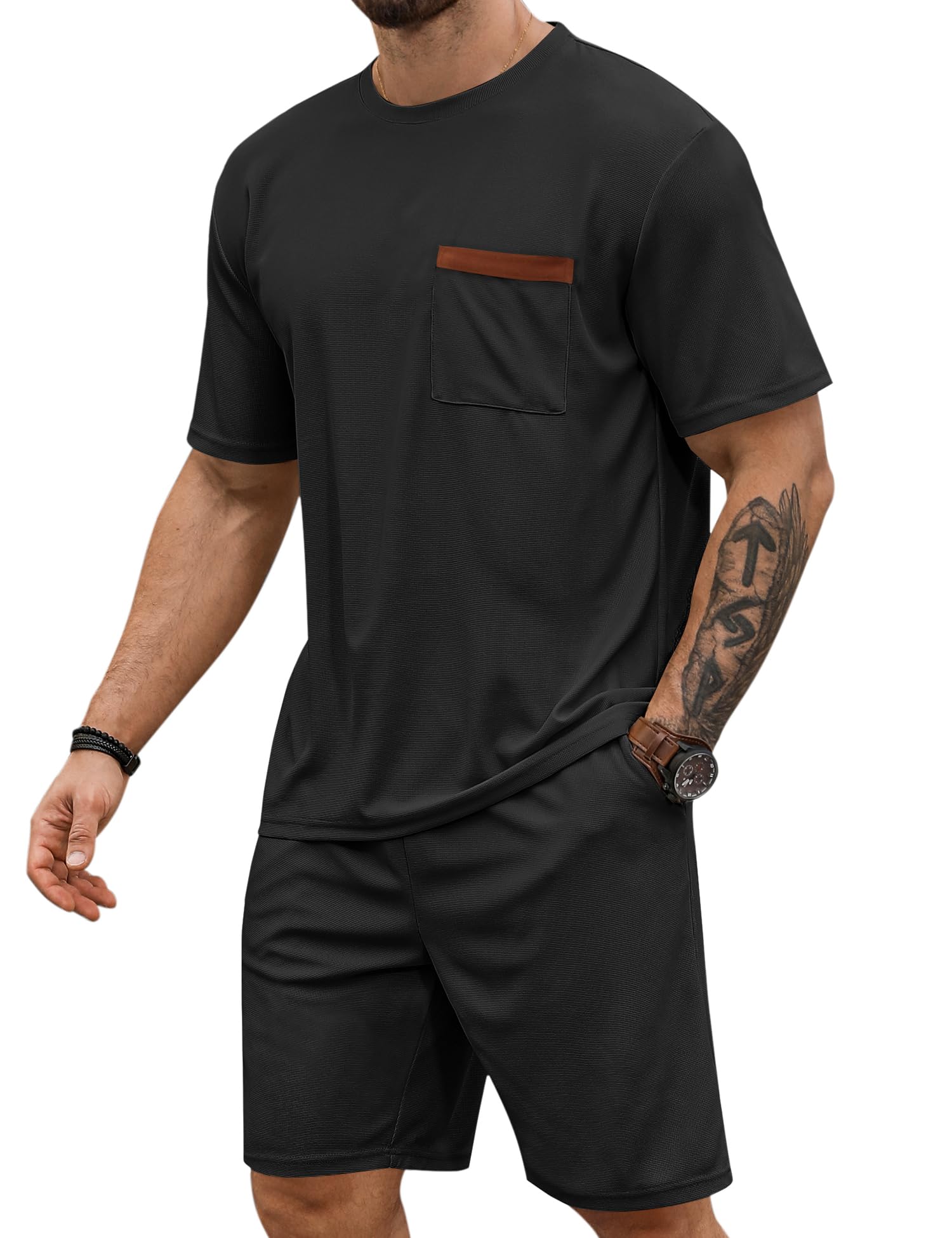 Babioboa Men's Short Sleeve Tracksuit Summer T Shirt & Shorts set Pocket Waffle Solid Two Piece Casual Daily Duty-off