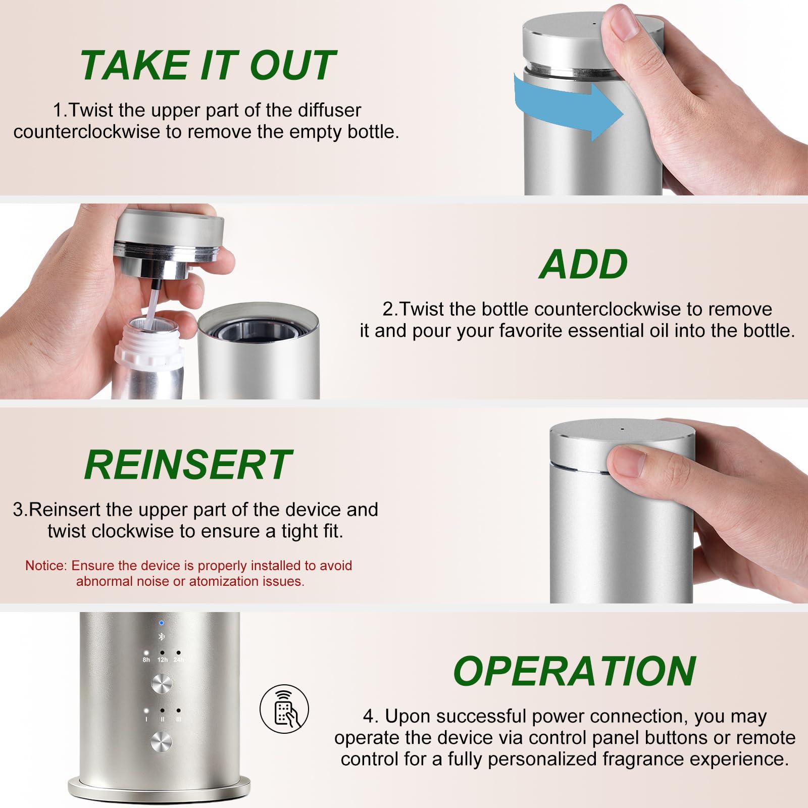 Diffusore di oli essenziali senz'acqua per la casa, l'ufficio, l'hotel e le terme, diffusore di oli profumati per aromaterapia, telecomando, timer, argento