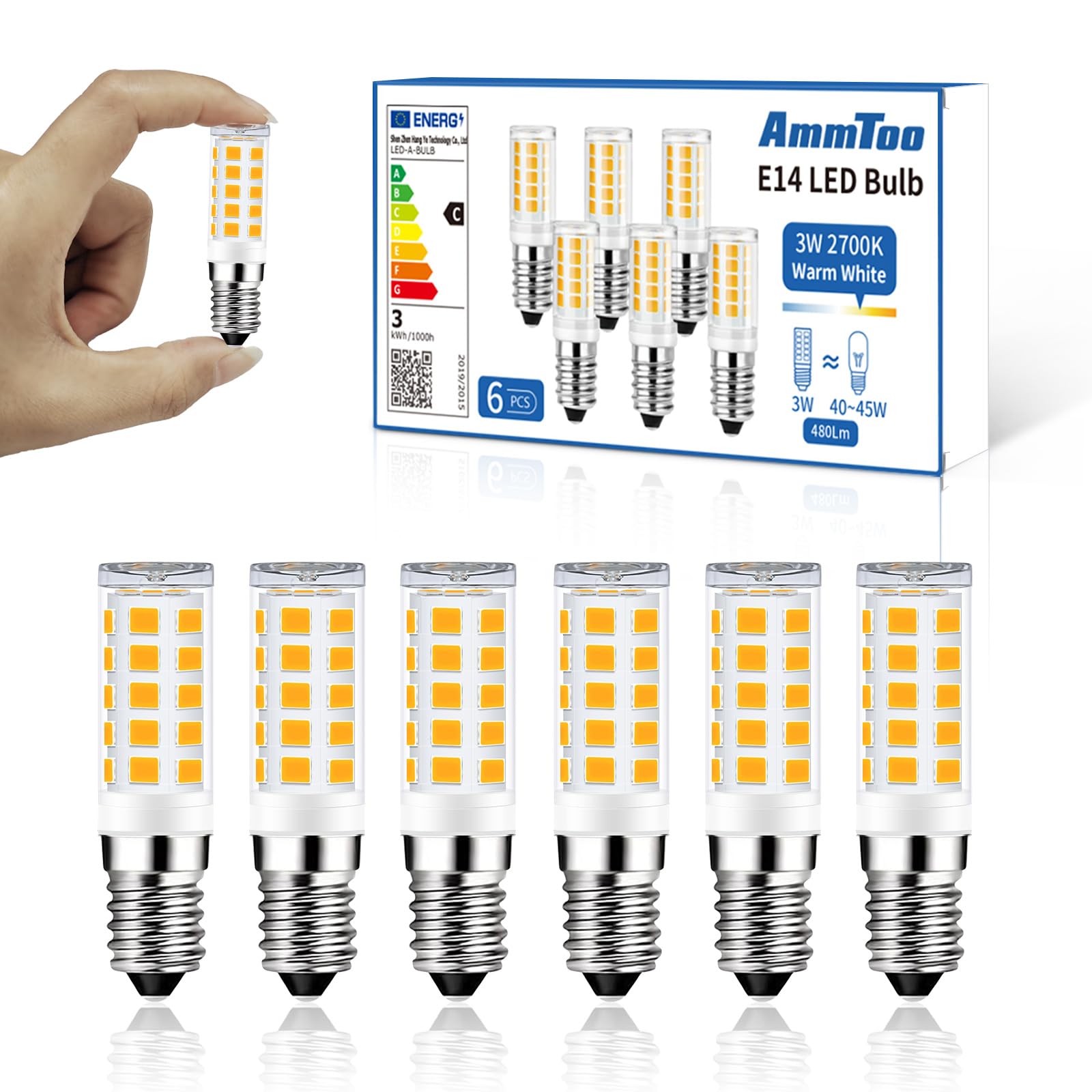 AmmToo E14 LED Warmweiss Birne, 2700K LED Lampe, Glühbirne E14 3w 480LM ersetzt 40W 45W Halogenlampen, Kein Flackern Kühlschranklampe Nicht Dimmbar, Led Mais Birne für Dunstabzugshaube Wandlampen