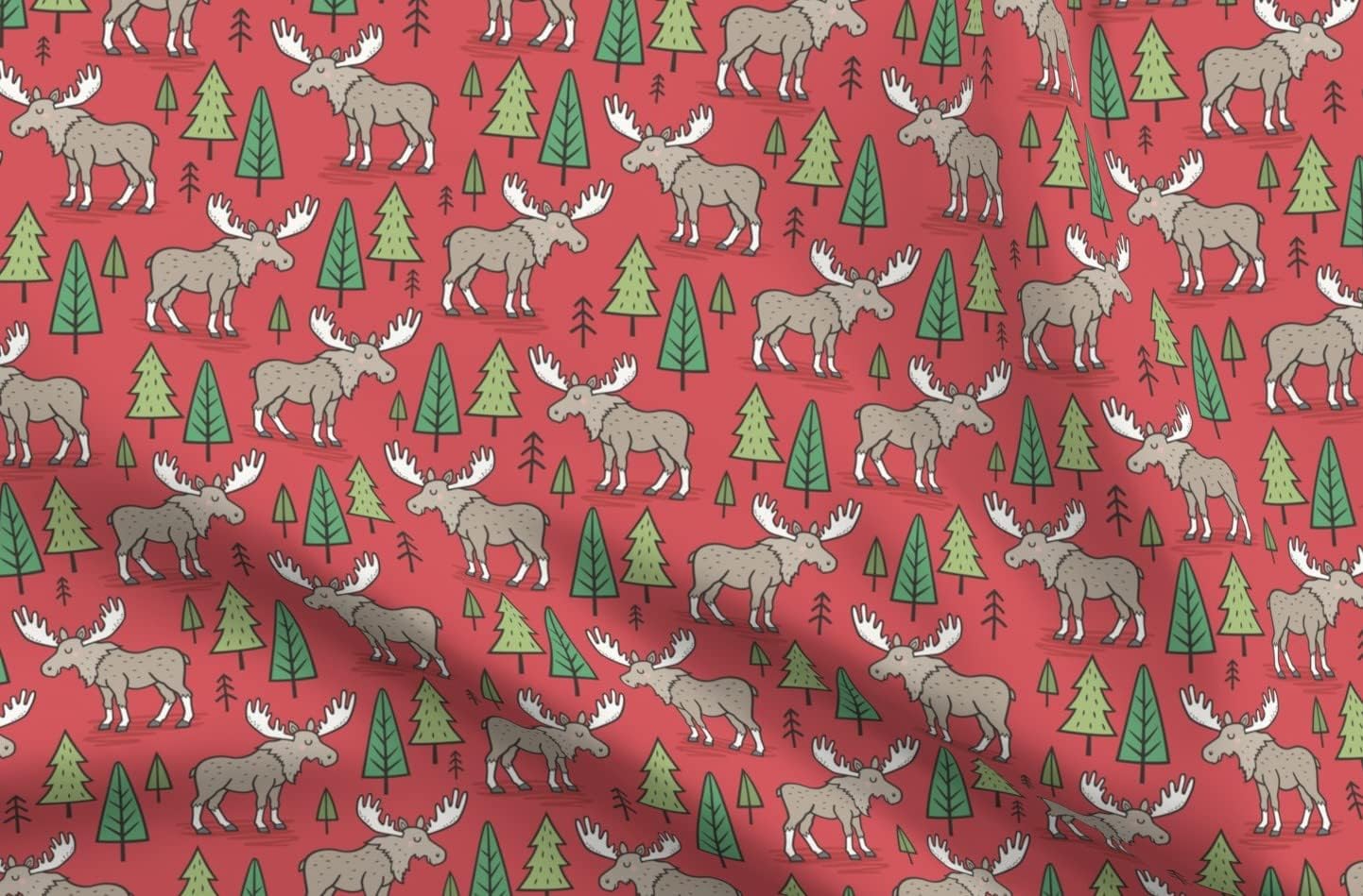 Spoonflower Fabric - Forest Woodland Moose Trees Red Fall Autumn Christmas Printed on Organic Cotton Sateen Fabric by The Yard - Sewing Quilting Apparel Home Decor