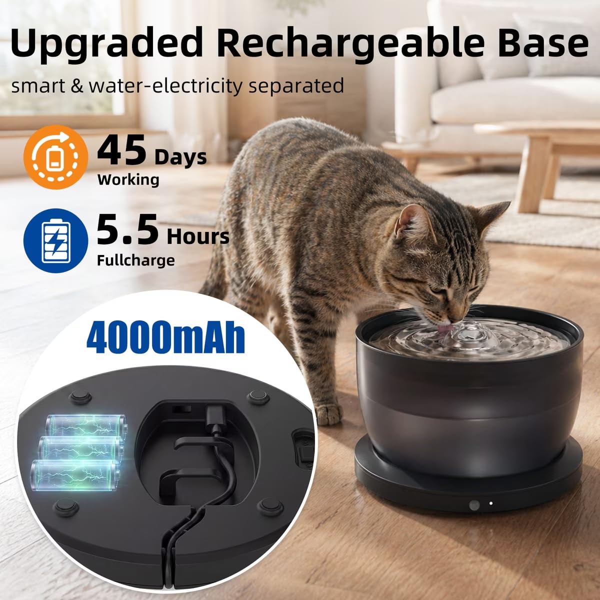 Casfuy W8LE - Fontana wireless per cani e gatti, con vassoio in acciaio inossidabile, 2,9 l, colore: nero