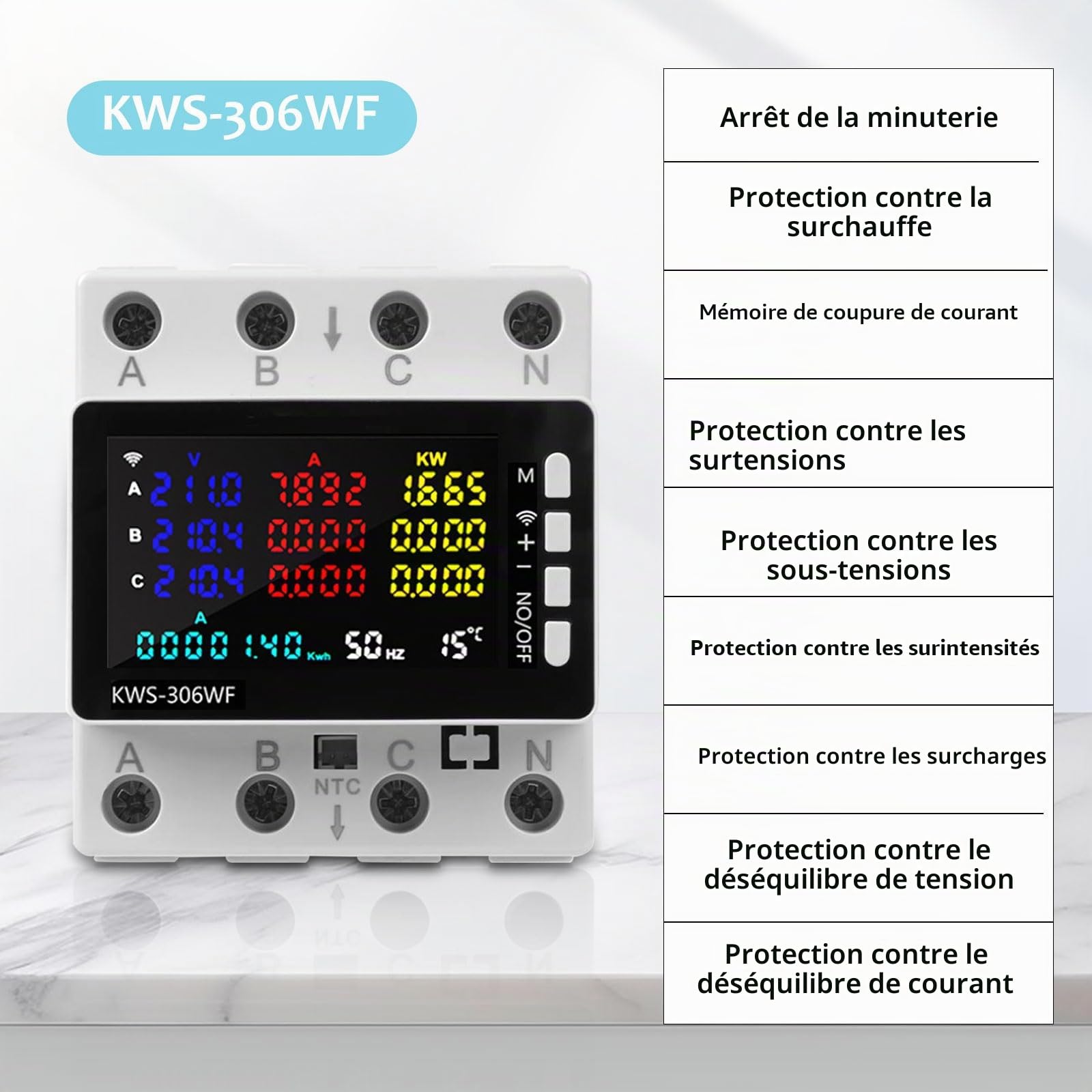 3-Phase 80A WiFi Compteur Electrique avec Télécommande APP, 9 en 1 Compteur D'énergie Triphasé 220 V Rail DIN 35 mm, Mètre Watt KWh Voltmètre Ampèremètre Avec Écran LCD avec Protection Multiple