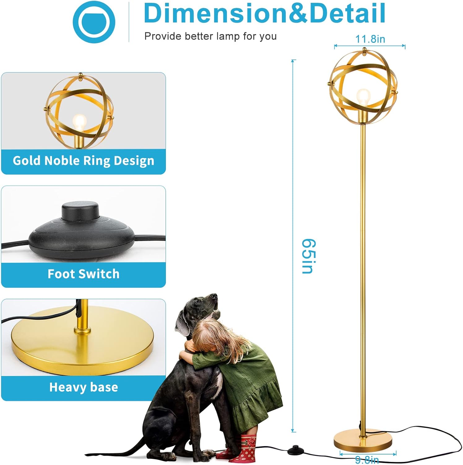 🔥 Gold Globe Floor Lamp Torch Lamp Uplight Lamp Tall Standing Lamp 8W E26 Base Foot Switch,Reading Book Lamp Corner Lamp Torchiere Modern Farmhouse Industrial Floor Lamps for Living Room Bedroom Office