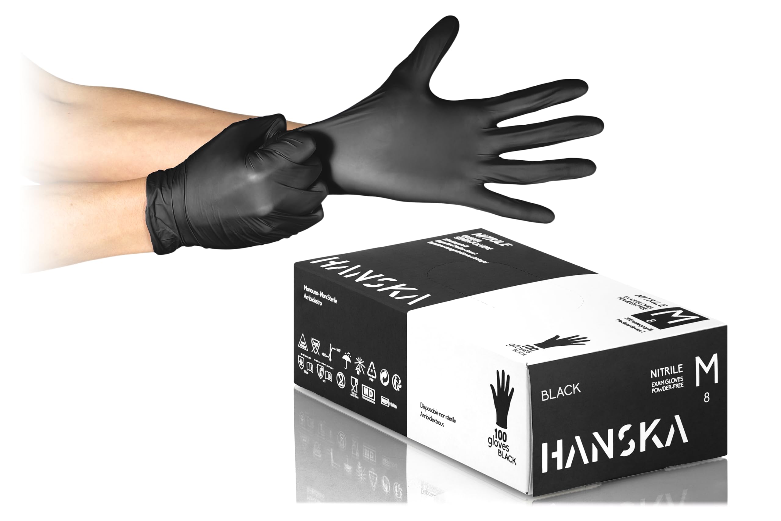HANSKA 100 Schwarz Nitril-Einweghandschuhe – puderfrei – Einweg – beidhändig – nicht steril – Gummibasis – geeignet für medizinische Bereiche, Handhabung von Lebensmitteln (100, M)