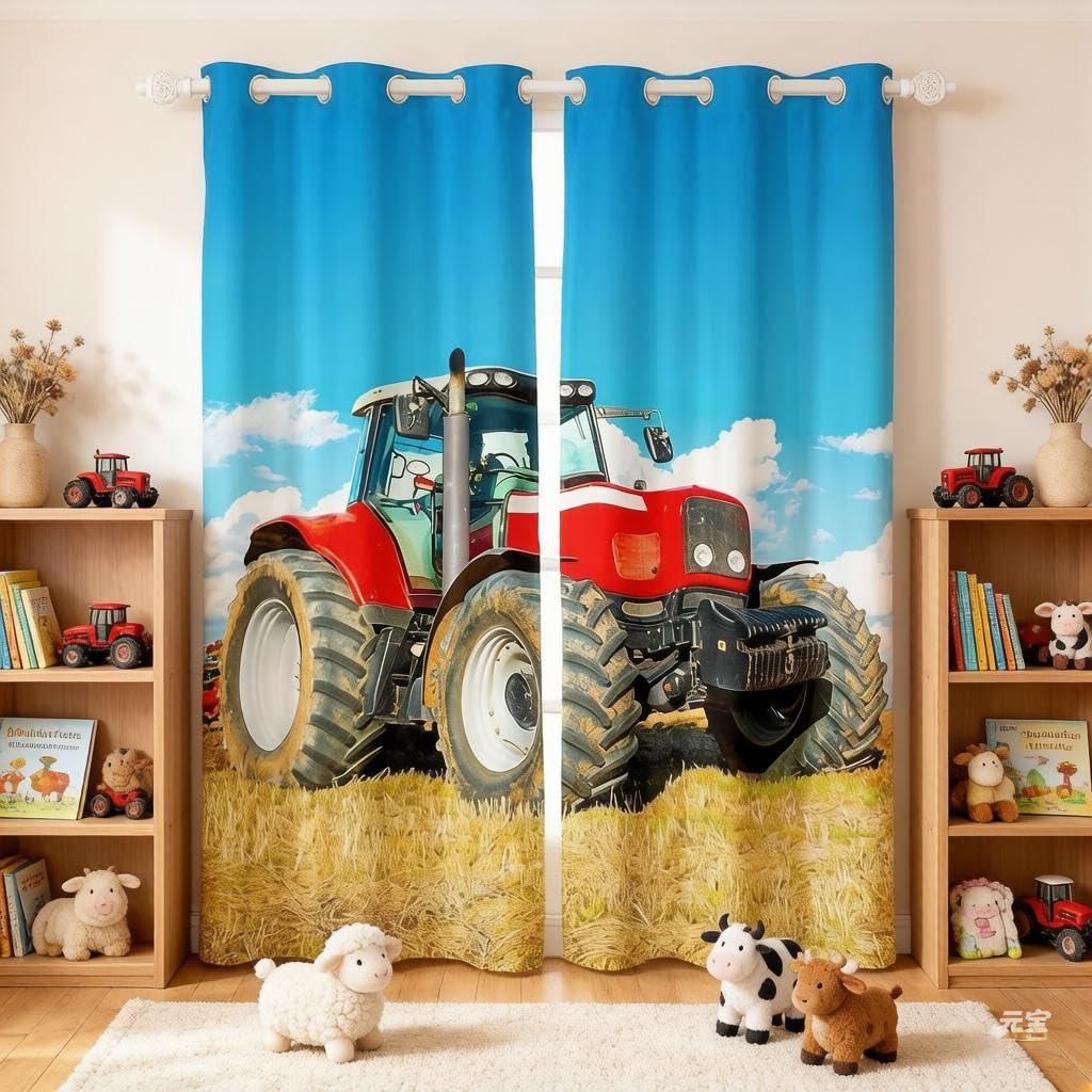 Loussiesd Boys Tractor Curtains Men Construction Cars Curtains for Bedroom Living Room Kids Red Heavy Machinery Vehicles Windows Drapes Novelty Farm Theme Room Decoration,W66*L90