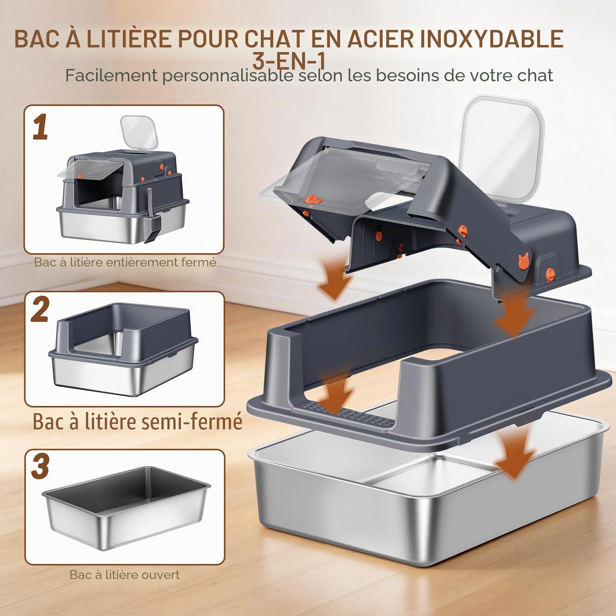 Bac à Litière en Acier Inoxydable XXXL, 70x50x42 cm, Gris Foncé | Bac à Litière Métallique Fermé avec Couvercle, 105° Couvercle à Charnière, Pédale et Pelle Incluse, Deux Portes FPLB206SG2