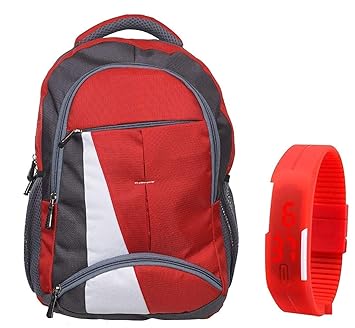 BLUTECH Canvas Red Waterproof School Bag & College LAPTOPfor Boys+ RED LED Watch Unisex
